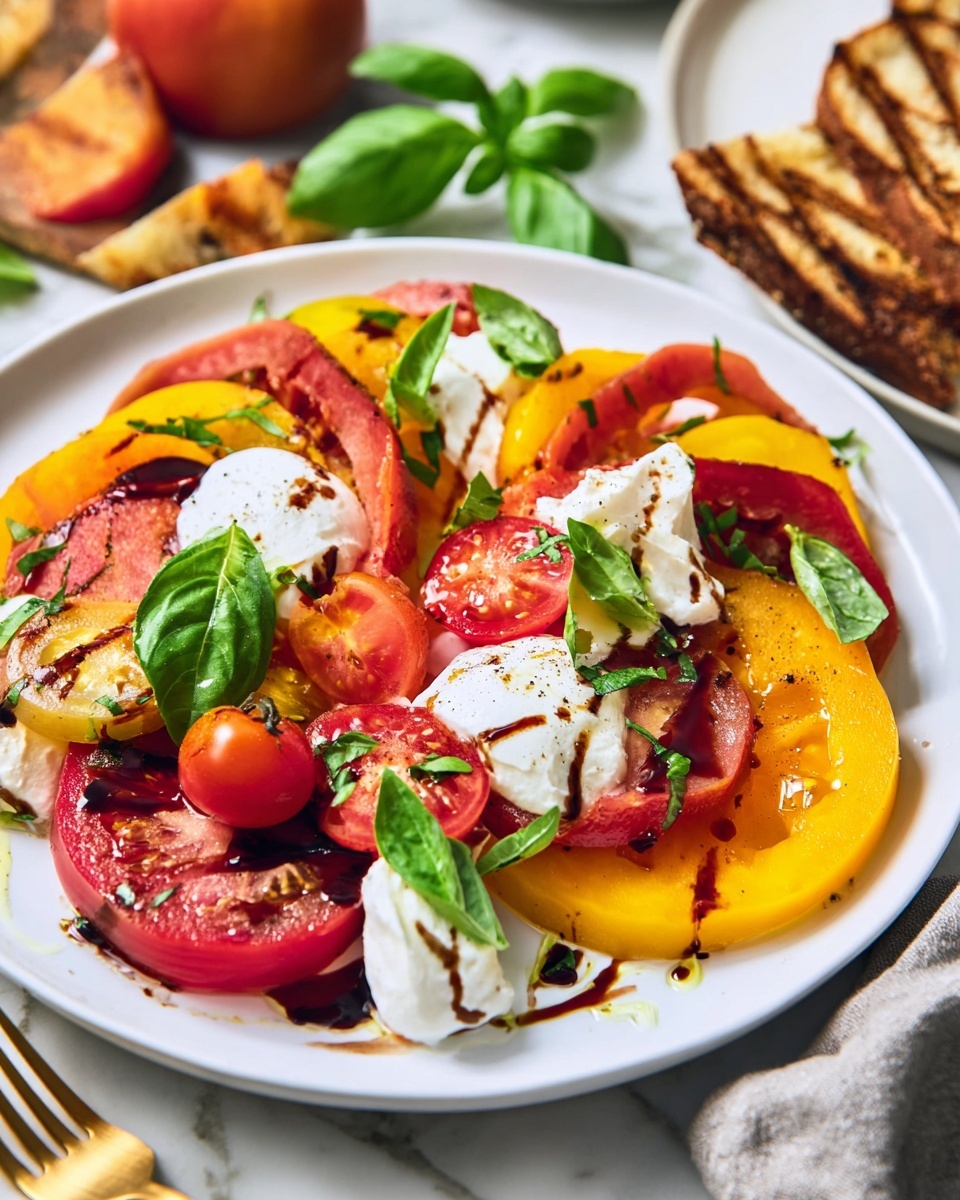 The dish shows a white plate filled with layers of thick yellow tomato slices at the base, topped by red and dark maroon tomato wedges and halved cherry tomatoes. Large dollops of soft white cheese with smooth texture sit on top and around the tomatoes. Fresh bright green basil leaves are scattered over the dish, with a drizzle of dark balsamic glaze on top. The plate rests on a white marbled surface with a blurred gold fork and gray cloth in the background, along with some grilled bread partly visible. Photo taken with an iphone --ar 4:5 --v 7