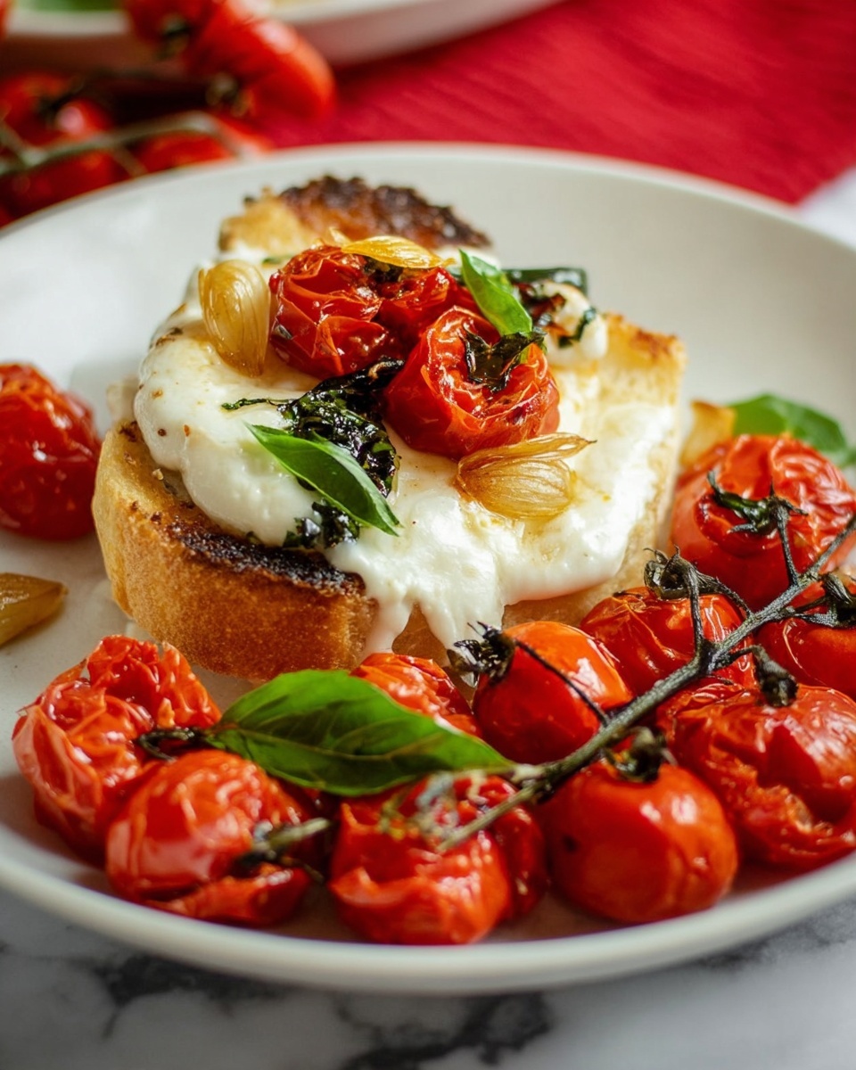 The image shows a white plate with a small stack of toasted bread at the center, topped with soft, white melted cheese that looks creamy and smooth. On top of the cheese is a bright red roasted cherry tomato that is slightly shriveled and juicy, with crispy golden brown slices of garlic around it. Fresh green basil leaves are scattered on and around the stack. Surrounding the bread are several more roasted cherry tomatoes with shiny red skins and some char marks, along with more fresh basil leaves and thin golden slices of garlic. The background surface is white marble, and there is a bit of a red cloth visible behind the plate. photo taken with an iphone --ar 4:5 --v 7