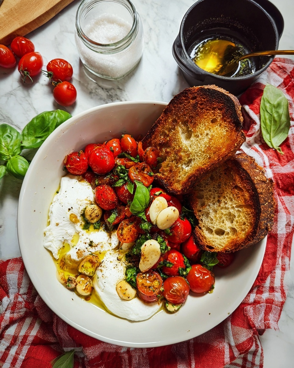 The dish is served in a white bowl on a white marbled surface. Inside the bowl, the bottom layer consists of a soft white cheese spread across one side, topped with thin golden slices of cooked garlic. Next to it, there is a generous layer of vibrant red cherry tomatoes, some whole and some sliced, mixed with fresh bright green basil leaves and sprinkled with more garlic slices. On top of the cheese and tomatoes, there are three thick slices of toasted bread with a golden-brown crust, leaning against the side of the bowl. Nearby on the surface is a small glass jar with white salt, a black pot with a golden ladle resting inside containing garlic in oil, and a few loose basil leaves scattered around, all placed on a red checkered cloth. photo taken with an iphone --ar 4:5 --v 7