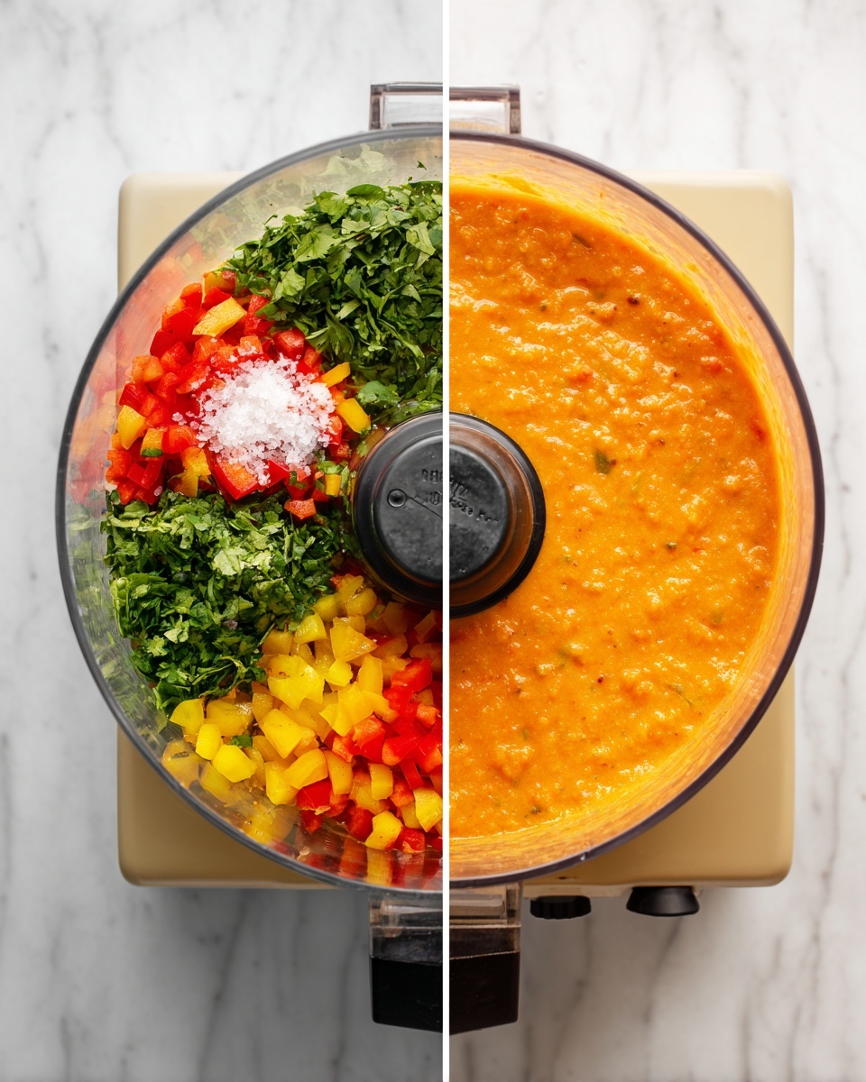 The image shows two side-by-side views of a food processor on a white marbled surface; on the left, the processor bowl is filled with layers of green chopped herbs and vegetables, red and yellow diced peppers, and a small pile of white salt on top, all separate and not mixed, creating a colorful patchwork of green, red, yellow, and white; on the right, the same food processor bowl holds a smooth, blended orange sauce with a slightly chunky texture, with the blade cover in the center, showing the final mixed form of the ingredients, both photos taken from above, photo taken with an iphone --ar 4:5 --v 7