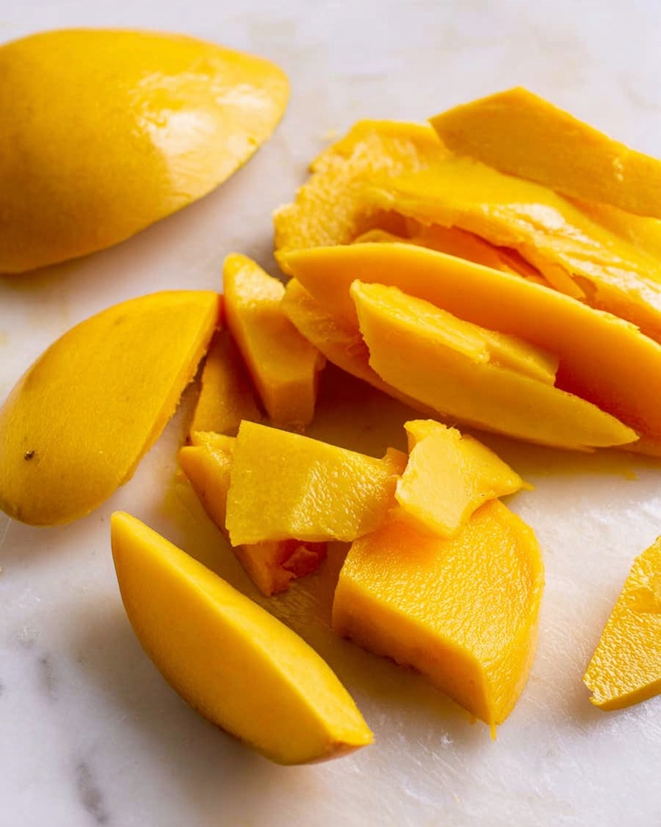 The image shows several pieces of peeled yellow mango on a white marbled surface. There are some mango slices, which are smooth and shiny, along with larger, thicker chunks that have a soft, fleshy texture. The colors vary from light to deep yellow and the mango skin is removed, leaving only the fresh fruit visible. There is no plate or bowl present in the image. Photo taken with an iphone --ar 4:5 --v 7