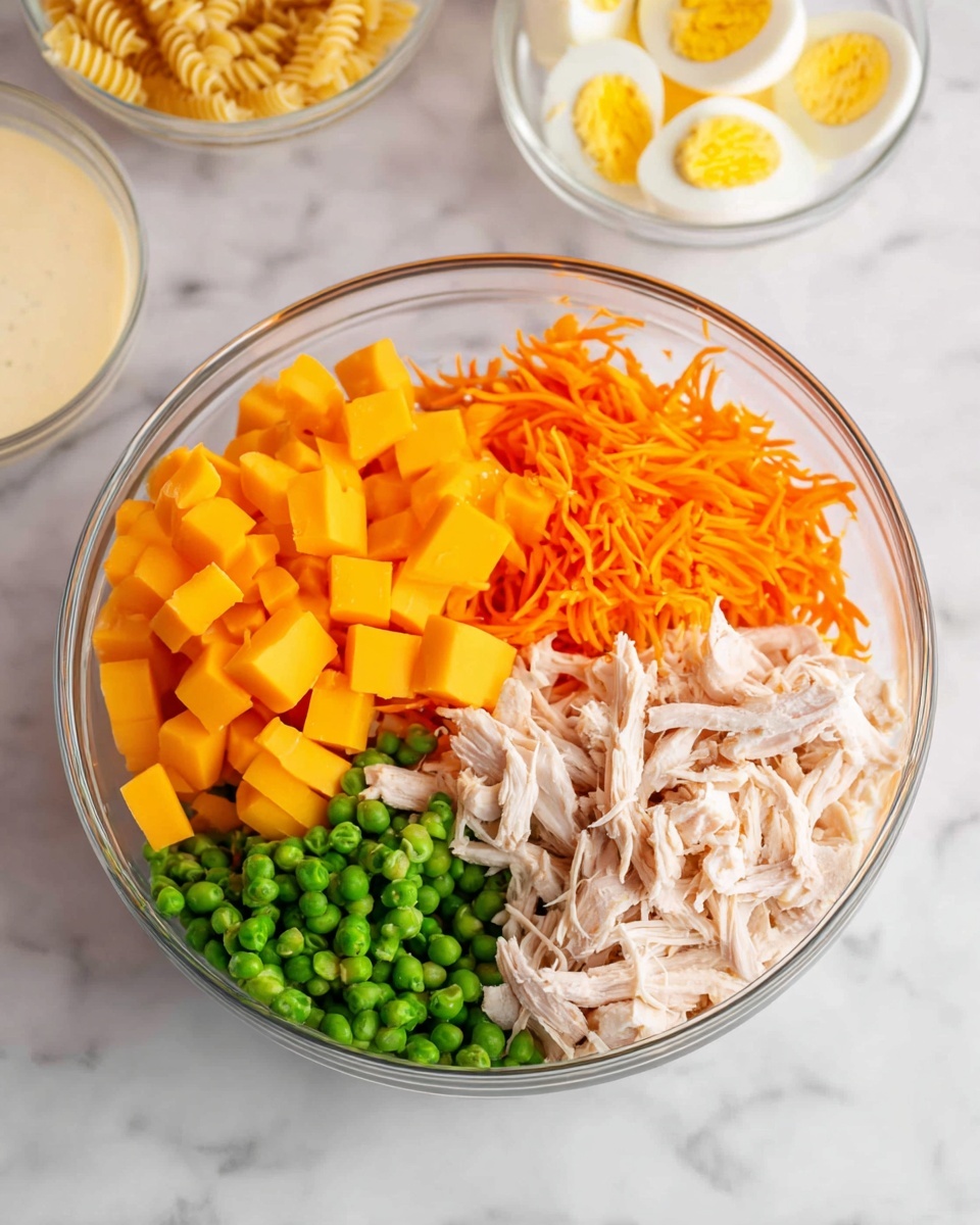 A clear glass bowl on a white marbled surface shows five different layers of ingredients, each separated into sections. Starting from the left, there are bright orange cubed cheese pieces with smooth edges. Below the cheese, there are small round green peas with a shiny texture. To the right of the peas, there is a pile of shredded orange carrots with a thin and strappy appearance. Above the carrots, there are shredded pieces of light beige chicken with soft, stringy texture. Behind the chicken and cheese, on the left side, some small spiral macaroni noodles with a pale yellow color are partially visible. In the upper corners of the image, there are two small clear bowls: one with a creamy white sauce and the other with chopped hard-boiled eggs showing bright yellow yolks and firm whites. photo taken with an iphone --ar 4:5 --v 7