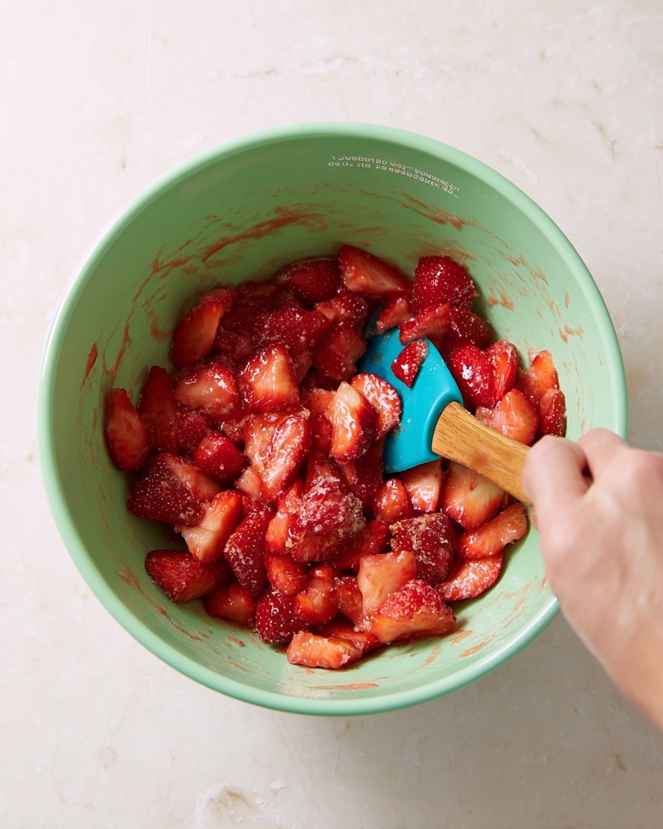 The image shows a close-up of a light green mixing bowl filled with sliced strawberries mixed with granulated sugar, creating a wet and slightly chunky red texture with some sugar crystals visible. A woman's hand is holding a blue and wooden spatula, stirring the fruit mixture. The bowl has some writing on the inside rim and rests on a white marbled surface. The strawberries are vibrant red with some pieces showing a glossy, juicy look. photo taken with an iphone --ar 4:5 --v 7