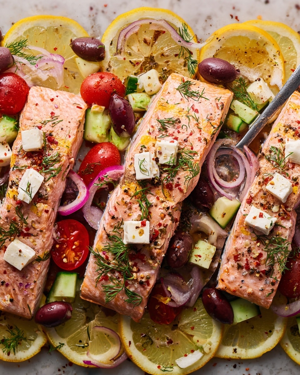 Three cooked salmon fillets with light pink color and slight grill marks sit on a bed of thin lemon slices with yellow rinds and translucent flesh, all on a white marbled surface. The fillets are topped with cubes of white feta cheese, small green cucumber chunks, sliced red onion, halved cherry tomatoes with a bright red inside, and dark kalamata olives. The entire dish is sprinkled with fresh green dill, black pepper, and tiny red chili flakes. A metal spatula is under one fillet, lifting it slightly while the lemon slices and other ingredients surround and peek through under the salmon. photo taken with an iphone --ar 4:5 --v 7