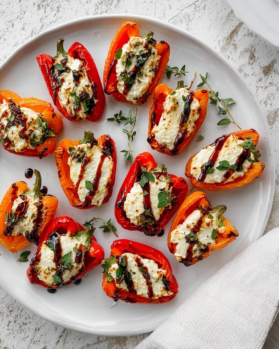 A white round plate holds 14 halves of small red and orange peppers. Each pepper half is filled with a thick white creamy cheese layer that has a slightly browned texture on top. There are thin dark brown balsamic glaze lines drizzled over the cheese, adding contrast. Small green herb leaves, likely thyme, are scattered on each pepper half, adding fresh green touches. The plate is set on a white marbled surface with a light cloth peeking from the lower right corner. The overall look is bright, fresh, and colorful with clean and simple presentation. photo taken with an iphone --ar 4:5 --v 7