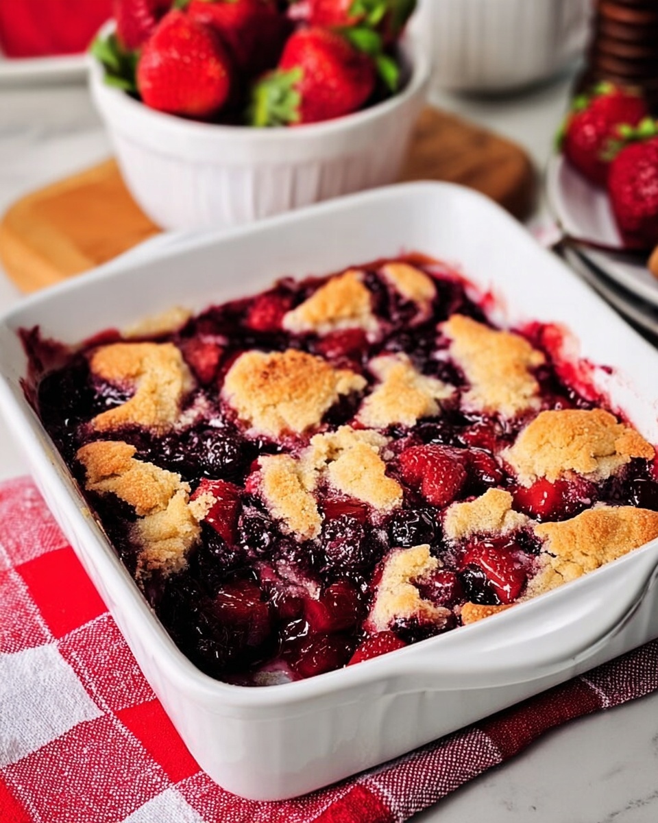 The image shows a square white baking dish with a fruit cobbler inside. The cobbler has two main layers: the bottom layer is a mix of dark red and purple cooked berries, juicy and soft, spreading some red juice at the edges where a spoon has scooped out a serving. The top layer is a golden-yellow baked batter, slightly thick and crumbly, covering the fruit unevenly with some berry filling bubbling through cracks. A silver spoon is inside the dish, lifting a scoop of the dessert, and the dish is placed on a white marbled surface. Photo taken with an iphone --ar 4:5 --v 7