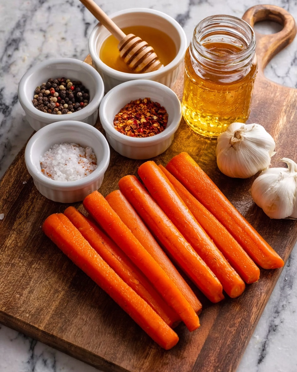 The image shows a wooden board on a white marbled surface holding eight peeled, long, bright orange carrots arranged in two rows. Behind the carrots are five small white bowls, each with different contents: one with golden honey and a wooden honey dipper resting on top, one with red chili flakes, one with coarse salt, one with black peppercorns, and one with a golden liquid inside a glass jar. Between the bowls and carrots, there are two whole bulbs of garlic. The overall setup is neat with a warm, natural light. photo taken with an iphone --ar 4:5 --v 7