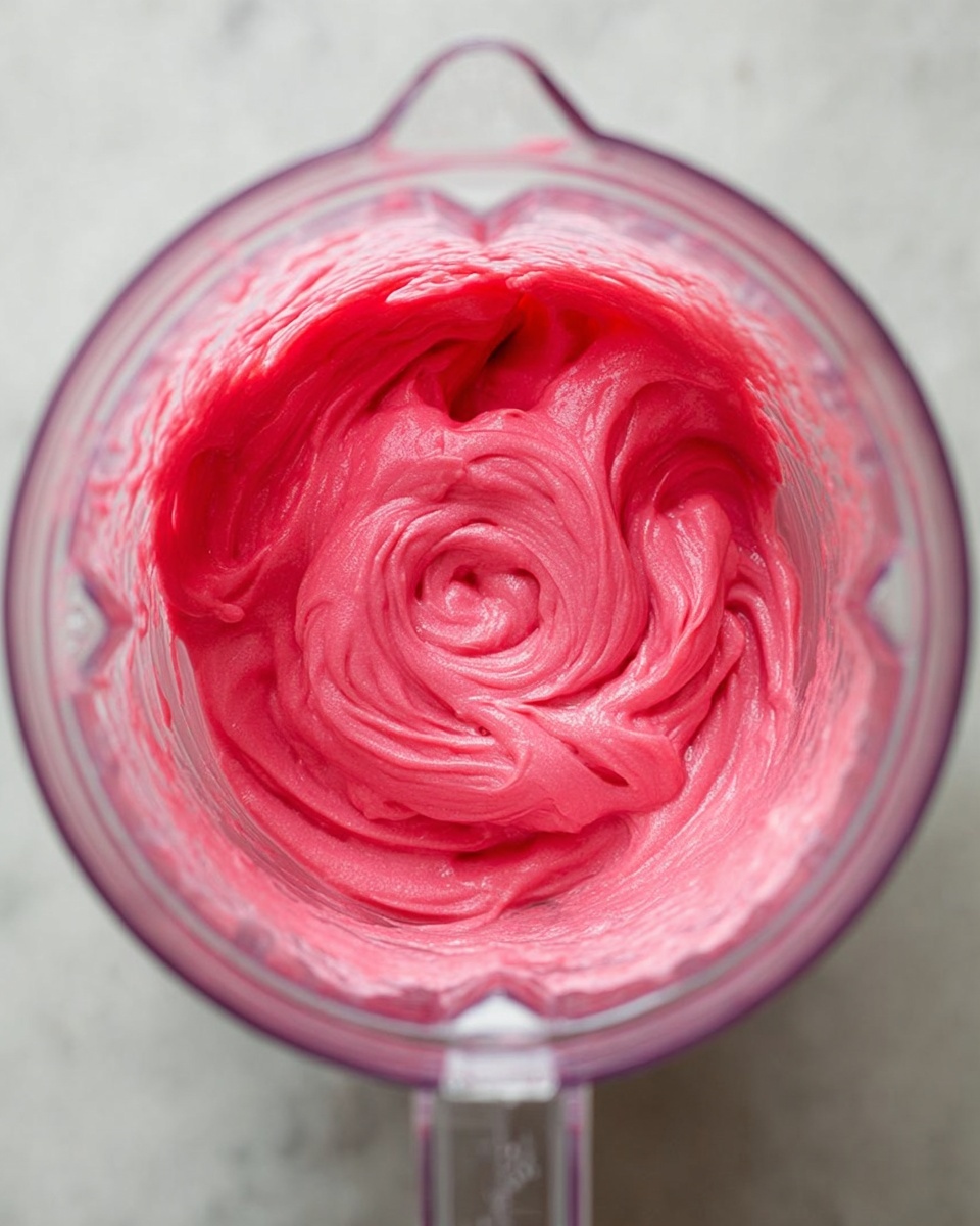 The image shows a close-up top view of a blender container filled with a smooth, thick, bright pink mixture. The mixture swirls inside the blender, with a creamy texture that looks soft and well-blended. The blender container is transparent, revealing the color and consistency of the mix, and is placed on a white marbled surface. photo taken with an iphone --ar 4:5 --v 7