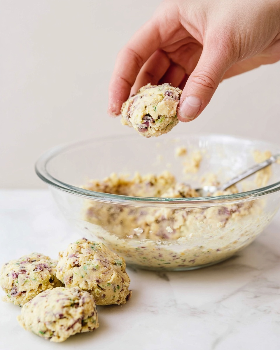 A close-up of a woman’s hand holding a small, round piece of dough with visible green and purple bits. Below, there is a clear glass bowl filled with similar dough, showing a rough and chunky texture mixed with small specks of color, and a metal spoon resting inside the bowl. On the white marbled surface, three more small dough pieces with similar colors and rough texture are placed in front of the bowl. The background is plain and light, helping the dough and bowl stand out clearly. Photo taken with an iphone --ar 4:5 --v 7
