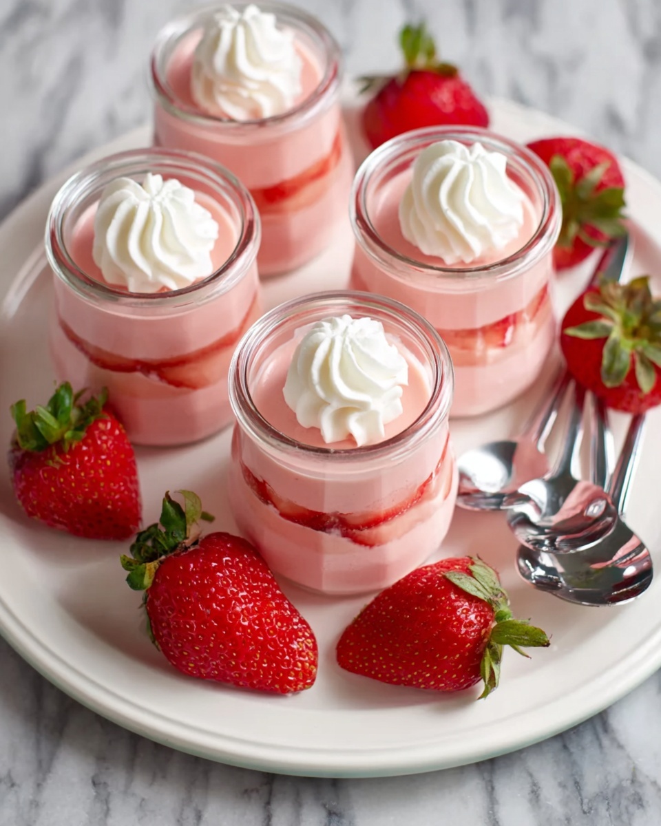 The image shows four small glass jars of pink strawberry mousse arranged in a circle on a white round plate. Each jar has visible thin slices of fresh strawberries pressed against the inside, creating a red and white layered effect. The top layer is smooth pink mousse, crowned with a swirl of white whipped cream. Around the plate, several whole ripe red strawberries with green leaves are placed. Three shiny silver spoons rest on the plate at the edge near the jars. All of this is set on a white marbled surface. photo taken with an iphone --ar 4:5 --v 7
