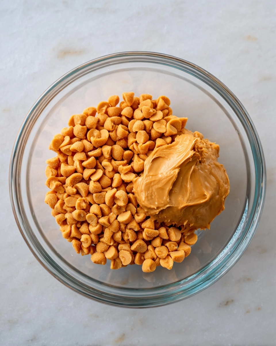 A clear glass bowl sits on a white marbled surface, filled with one layer of small, light orange peanut chips clustered on one side and a smooth dollop of creamy, light brown peanut butter on the other side. The peanut chips have a matte texture and uneven shapes, while the peanut butter looks thick and shiny. photo taken with an iphone --ar 4:5 --v 7