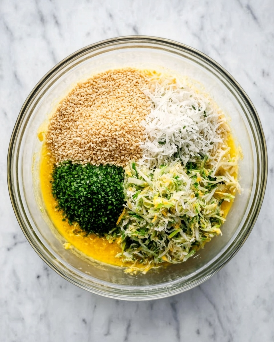 A clear glass bowl holds five separate layers of ingredients arranged side by side, not mixed: light brown sesame seeds in one section, white shredded coconut below them, finely chopped bright green herbs to the right, mixed shredded pale green and yellow vegetables in the top right, and a bright yellow sauce or liquid pooling around the edges underneath. The bowl sits on a white marbled surface. Photo taken with an iphone --ar 4:5 --v 7