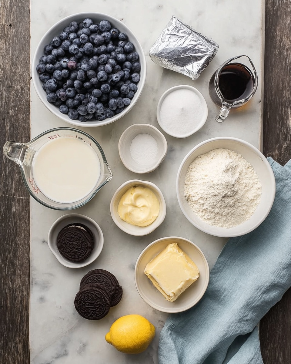 The image shows various ingredients laid out on a white marbled surface, each in white bowls or containers. There is a large white bowl filled with fresh blueberries at the top left, surrounded by small white bowls containing granulated sugar, cream cheese wrapped in silver foil, melted butter, powdered sugar, and flour. A glass measuring cup holds what looks like cream or milk, with a smaller white pitcher of milk nearby. A small container with dark vanilla extract and a whole lemon sit beside a bowl of chocolate sandwich cookies. The ingredients are neatly arranged in a grid-like pattern on the surface, with a pale blue cloth partially visible at the bottom right corner. Photo taken with an iphone --ar 4:5 --v 7