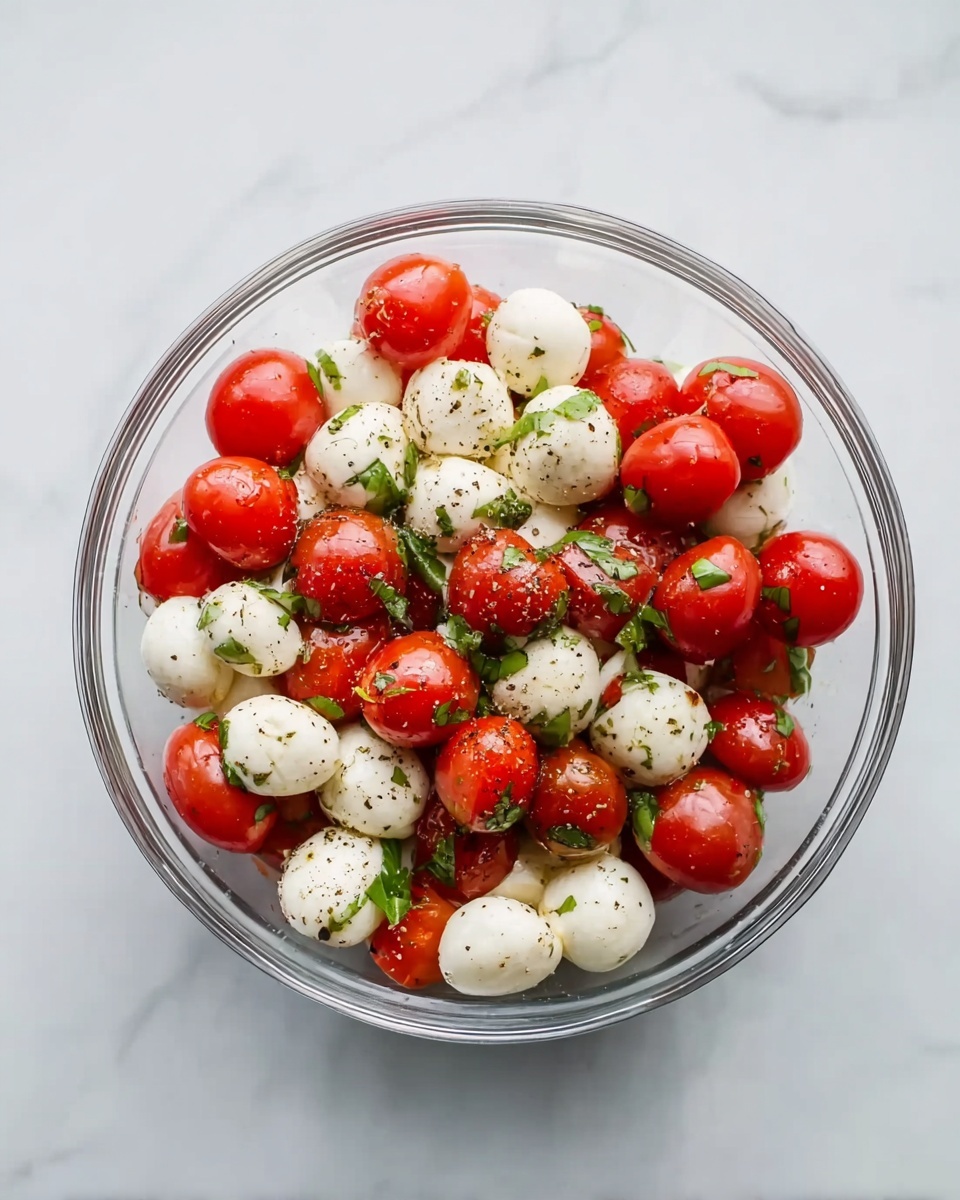 A clear glass bowl sits on a white marbled surface, filled with layers of small red cherry tomatoes and white round mozzarella balls evenly mixed together. Bits of green basil leaves are scattered throughout the bowl, along with a light sprinkle of black pepper on top. The bowl's contents have a fresh, glossy look, with the smooth, shiny red tomatoes contrasting with the soft white cheese, and the green leaves adding a pop of color. photo taken with an iphone --ar 4:5 --v 7