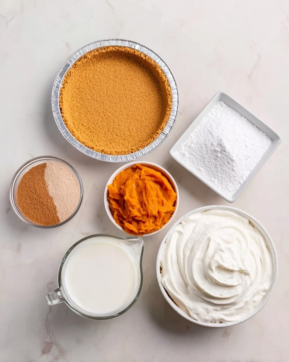 A top view of six white dishes on a white marbled surface, arranged loosely in a circle. The upper left holds an empty pie crust in a silver tin with a golden-brown crumb texture. At the upper center, a small round bowl contains bright orange pumpkin puree with a smooth, slightly uneven texture. To the upper right, a square bowl is filled with white powdered sugar with fine, soft texture. Below it, a small round bowl has a light brown spice powder, finely ground. At the lower left, a clear glass measuring cup holds white milk with a smooth surface. Between the pumpkin and sugar bowls, a round bowl has thick white whipped cream with soft peaks swirling. photo taken with an iphone --ar 4:5 --v 7