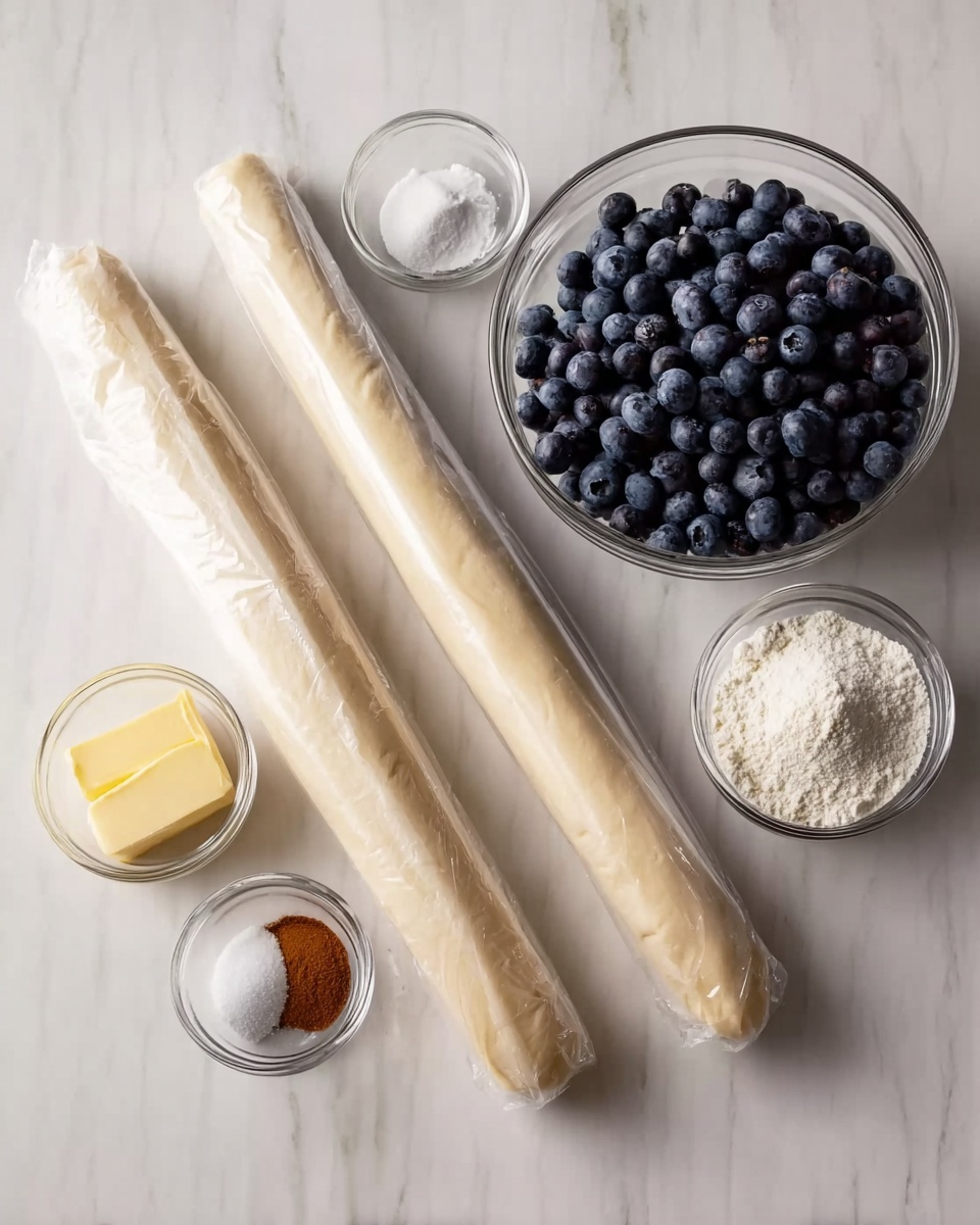 The image shows two long rolls of dough wrapped in white plastic wrap placed on a white marbled surface. To the right of the dough, there is a clear glass bowl filled with many fresh blueberries that are dark blue and round. Around the bowl, several small clear glass bowls hold different ingredients: one contains white sugar, another holds white flour, a third small bowl has a small square of yellow butter, and two very small bowls contain salt and ground cinnamon with a reddish-brown color. All items are neatly arranged on the surface in a simple and clean layout. Photo taken with an iphone --ar 4:5 --v 7