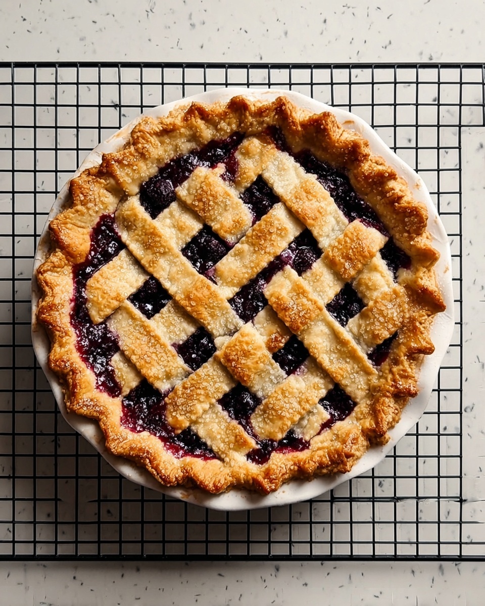 A round pie with a golden brown crust rests on a white pie dish. The crust has a crinkled edge with a lattice pattern on top made of woven strips of dough. Beneath the lattice, a dark purple fruit filling shows through, shiny and thick. The pie is placed on a black cooling rack over a white marbled surface. photo taken with an iphone --ar 4:5 --v 7