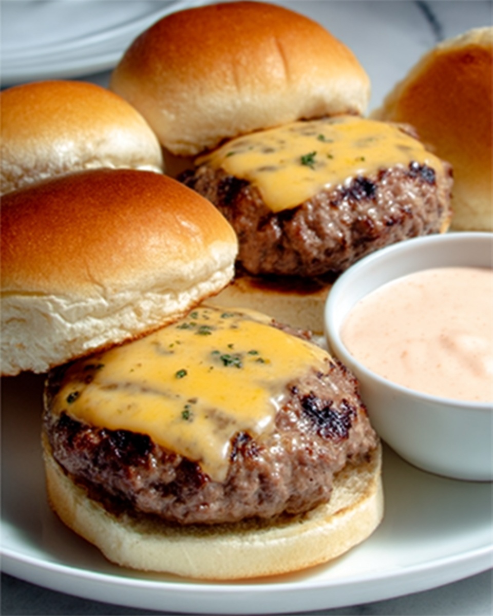 The image shows three open cheeseburgers on a white plate with a white marbled background. Each burger has a grilled beef patty with grill marks and a slice of melted yellow cheese with small herbs on top. The bottom buns are soft and light yellow, while there is one plain bun top sitting nearby. In the upper right corner, there is a white bowl filled with light pink sauce. The photo was taken with an iphone --ar 4:5 --v 7