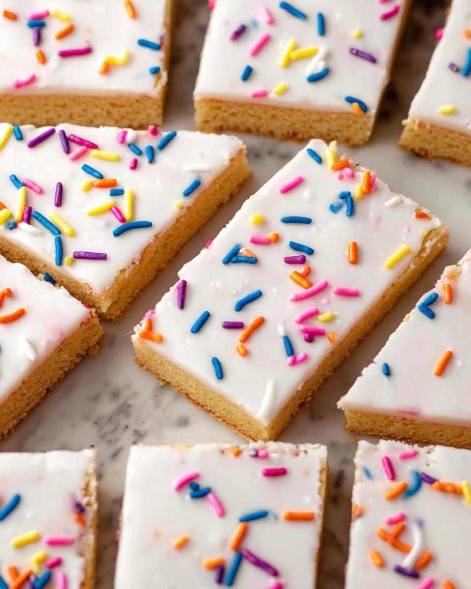 The image shows a close-up of several rectangular cookie bars arranged in a grid, each bar having two visible layers. The bottom layer is a light golden brown cookie base with a slightly rough texture. The top layer is a smooth, thick white icing evenly spread across each cookie bar, sprinkled with small, colorful cylindrical sprinkles in blue, red, yellow, orange, purple, pink, and white. The cookies are placed on a surface with white marbled texture, filling the frame with a full view of the bars. photo taken with an iphone --ar 4:5 --v 7