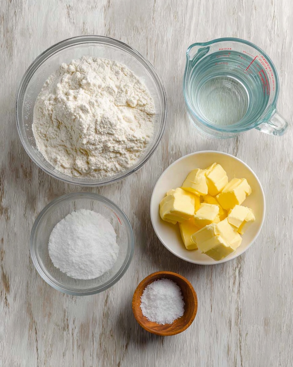 A top view of five clear and white bowls with different ingredients on a white marbled surface. The largest bowl, placed on the left, is clear and filled with white flour with a rough texture. To its right, a smaller clear bowl has several pieces of yellow butter with a smooth, soft texture. Next to it, a clear measuring cup holds transparent water. In front of these three, a small white bowl contains white baking soda powder, and next to it is a tiny wooden bowl with fine white salt. The wood grain texture of the surface behind the bowls is changed into white marbled texture. Photo taken with an iphone --ar 4:5 --v 7