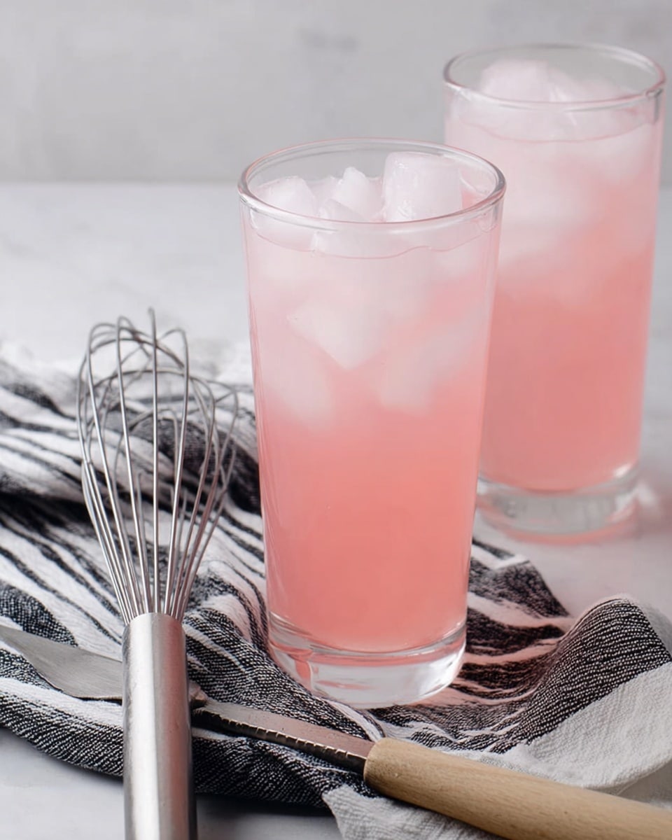 Two tall clear glasses filled with a light pink drink and several ice cubes are placed on a soft white marbled surface. One glass is slightly in front on the left, and the other is slightly behind on the right, both showing the cold drink clearly. In front of the glasses, there is a black and white striped kitchen towel next to a metal whisk with a wooden handle resting on the surface. The background is simple and light, focusing attention on the refreshing pink drinks. photo taken with an iphone --ar 4:5 --v 7