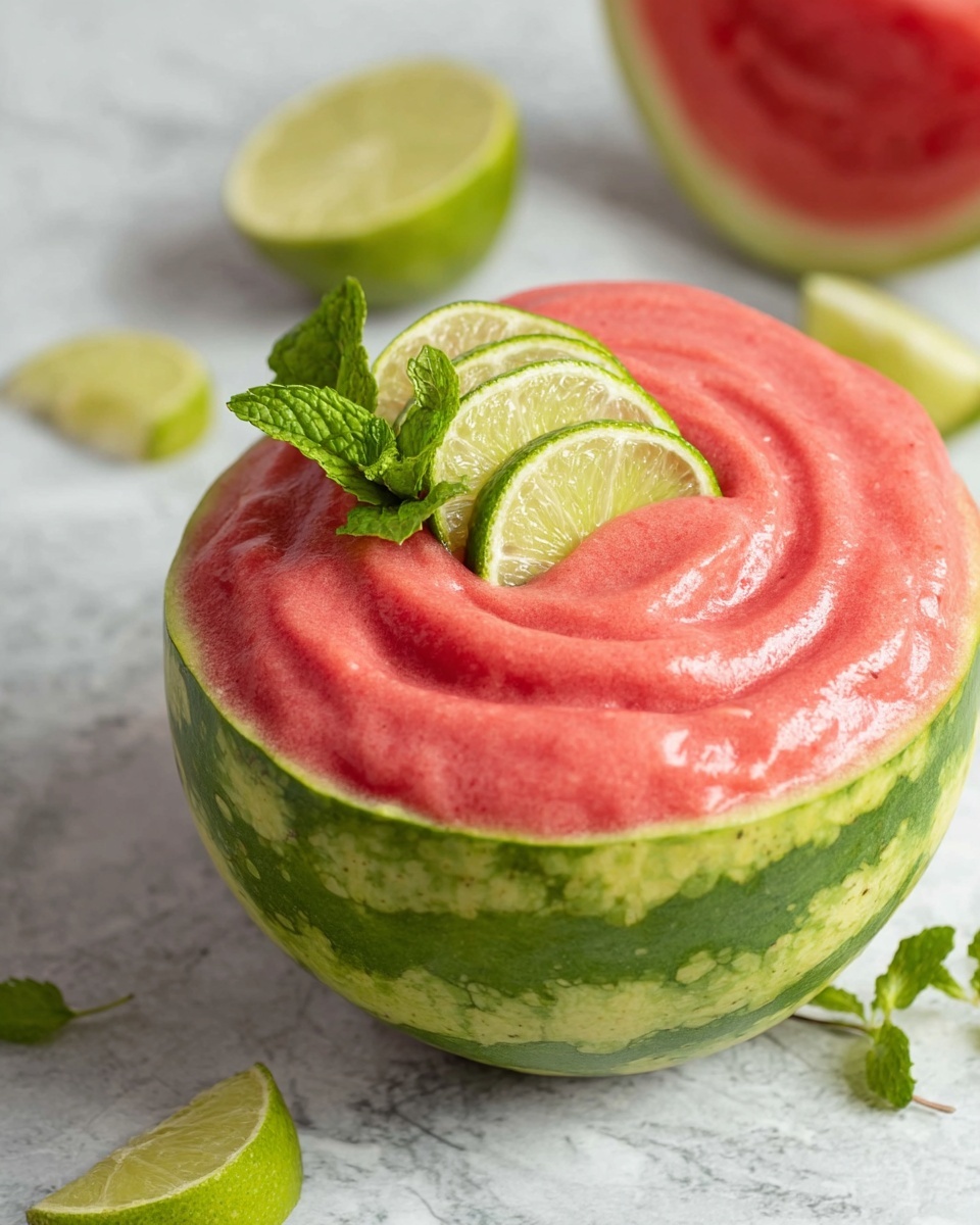 A hollowed-out watermelon half is used as a bowl, filled with smooth, thick pink watermelon smoothie that slightly overflows the edge. On top, there are three thin lime slices arranged in a small stack, slightly tilted, along with a small bunch of fresh green mint leaves. The whole setup rests on a white marbled surface, with a few lime wedges scattered nearby and a larger cut watermelon half blurred in the background. photo taken with an iphone --ar 4:5 --v 7