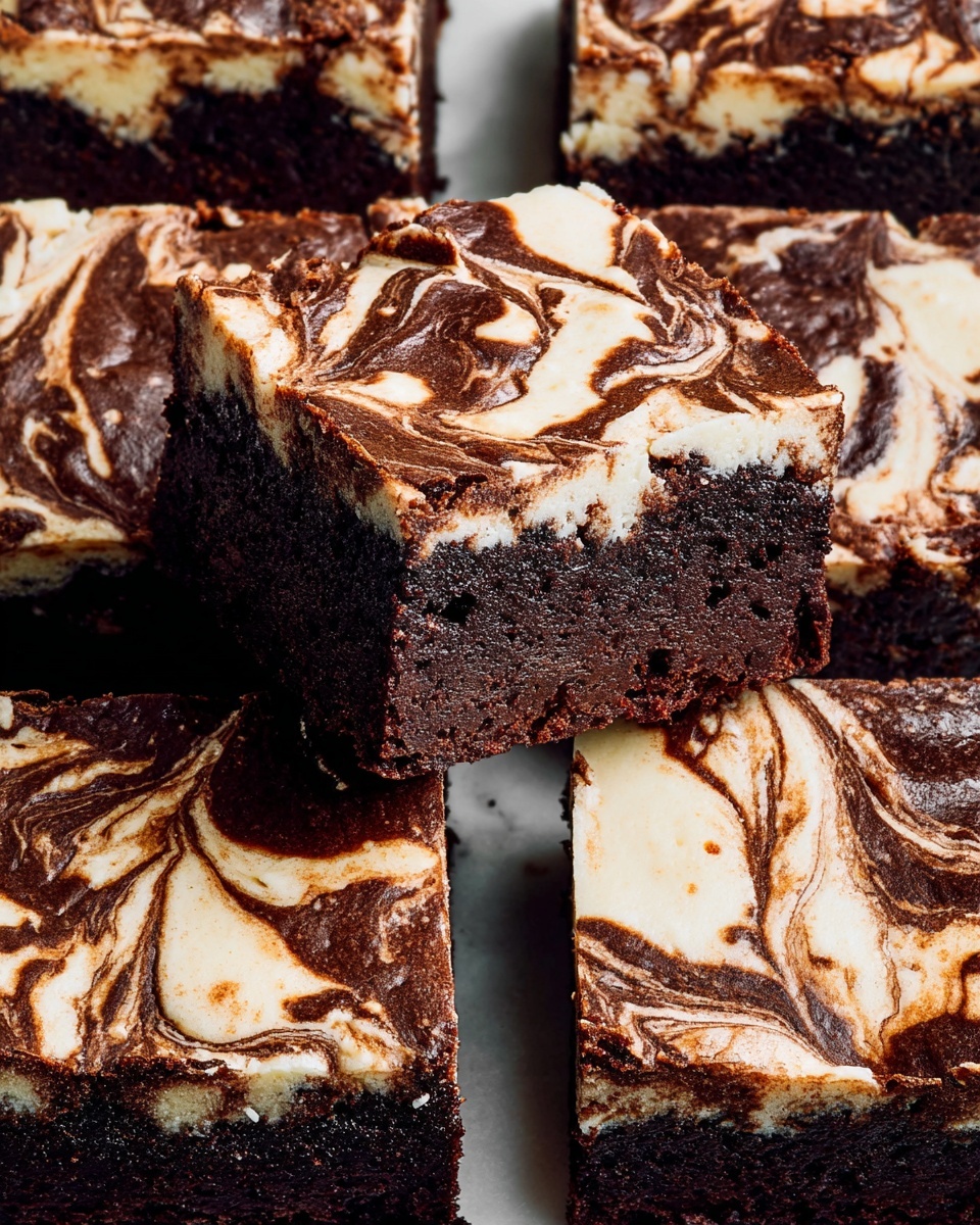 The image shows several square pieces of dark brown chocolate brownies with a swirled top layer of light cream and brown chocolate patterns. Each piece has a thick, dense dark bottom layer with a smooth, marbled cream and chocolate top layer that looks soft and creamy. The brownies are closely arranged on a white marbled surface, highlighting the contrast between the dark rich chocolate and the light swirls on top. The texture on top looks smooth with rich chocolate streaks blending into the cream layer. photo taken with an iphone --ar 4:5 --v 7