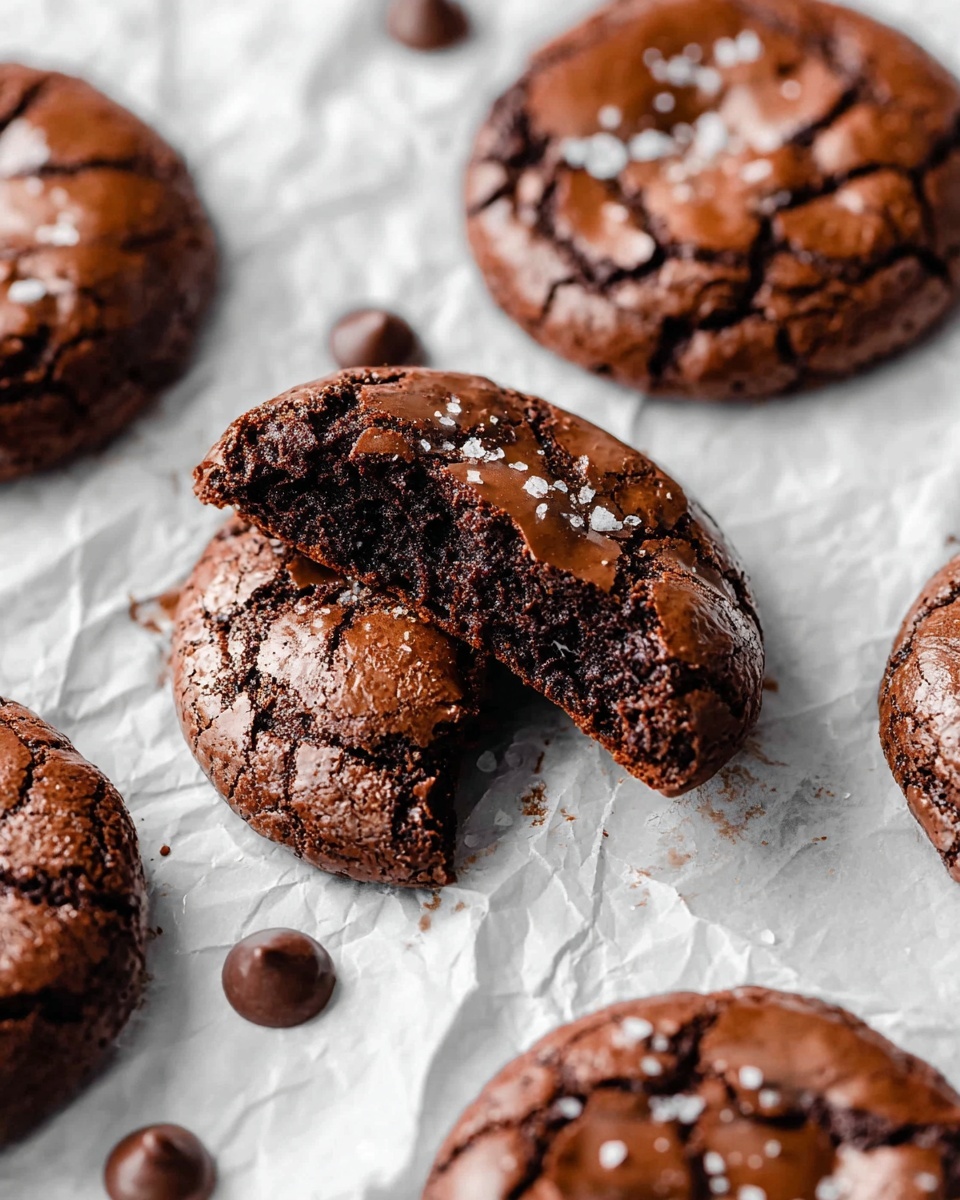 A close-up view of several thick, dark brown chocolate cookies with a shiny, cracked surface and slightly rough texture, sprinkled lightly with coarse salt flakes. One cookie in the center is broken into three large pieces, showing a moist, dense inside with a rich, almost fudgy look. Around the cookies, there are a few smooth, round chocolate pieces scattered on crinkled white parchment paper. The whole scene is set on a white marbled surface. photo taken with an iphone --ar 4:5 --v 7