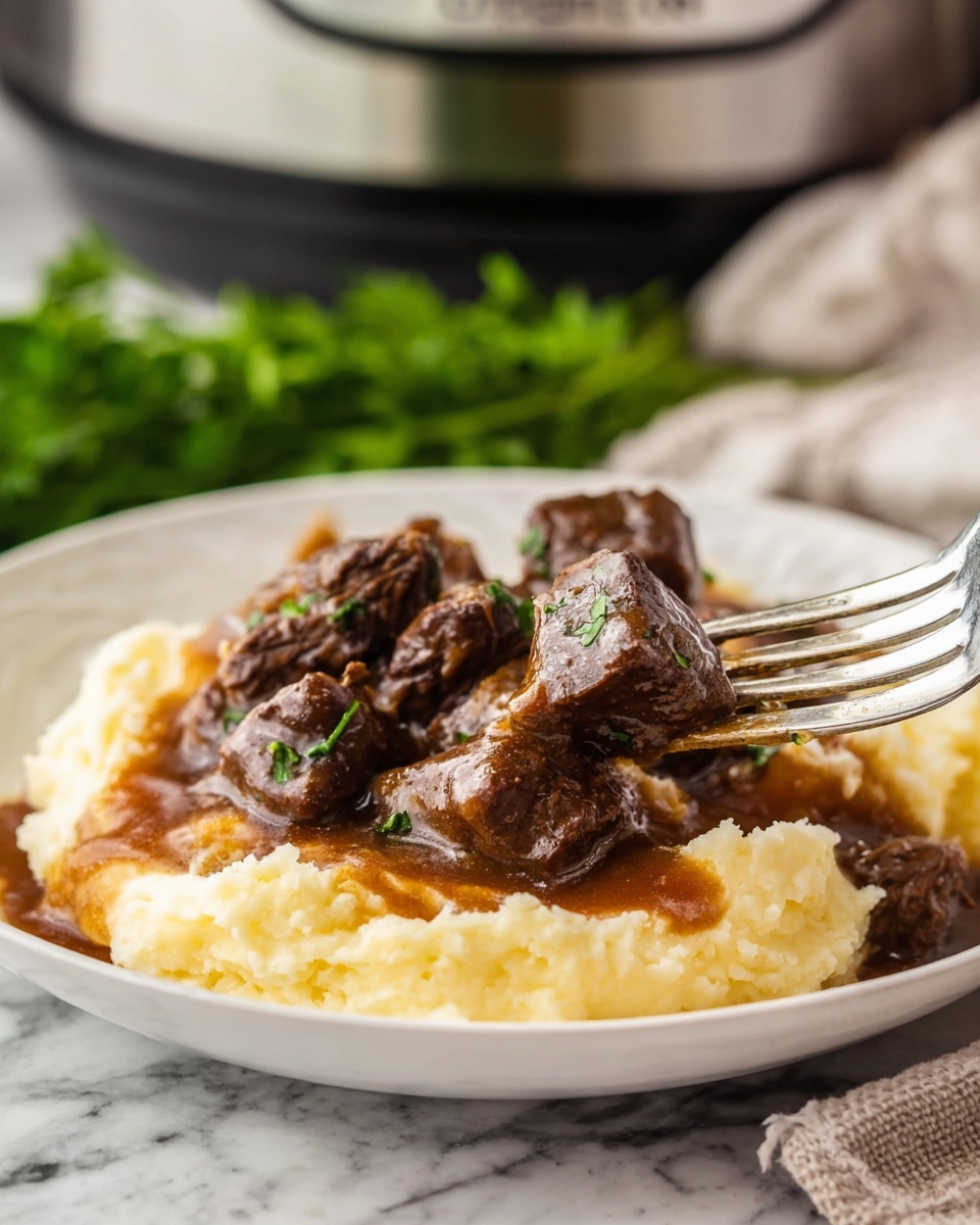 A white plate holds a serving of creamy mashed potatoes as the bottom layer, soft and smooth with a pale yellow color. On top, there are several pieces of dark brown beef stew chunks that look tender and coated in a thick, glossy brown gravy. The beef is sprinkled with small bits of green herbs. A silver fork is pressing into the beef on the right side, held by a woman's hand, creating a close-up view of the dish. The plate is set on a white marbled surface, with blurred green herbs and an appliance in the background, giving a warm and inviting feeling. photo taken with an iphone --ar 4:5 --v 7