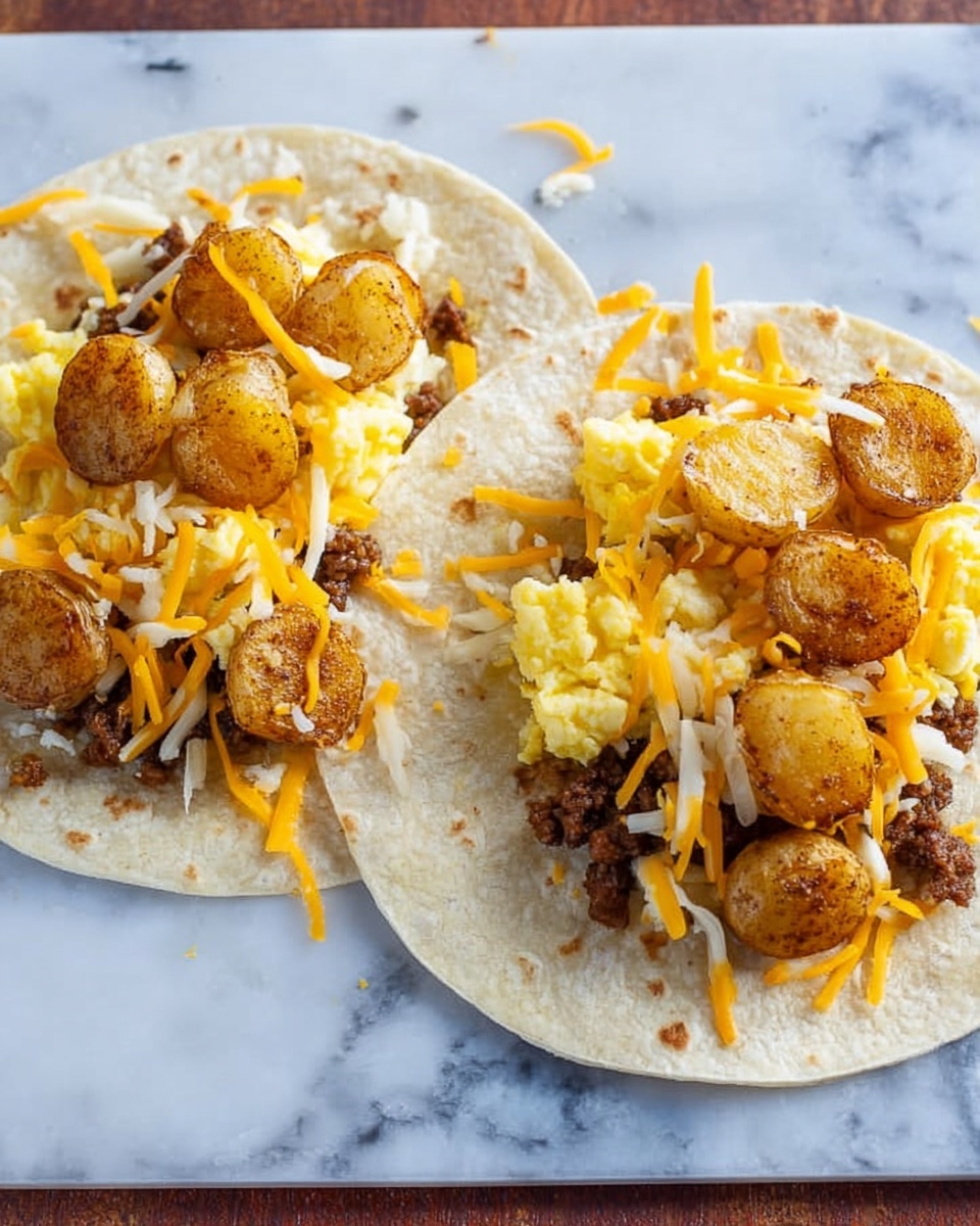 Two soft white tortillas lie flat side by side on a white marbled surface. Each tortilla is topped with a layer of browned meat scattered unevenly, followed by a layer of scrambled eggs with a soft, fluffy yellow texture. On top of the eggs are several golden-brown round potato pieces with a crispy exterior. The tortillas are then sprinkled with shredded cheese in white and orange colors. The overall look is casual, fresh, and colorful. photo taken with an iphone --ar 4:5 --v 7