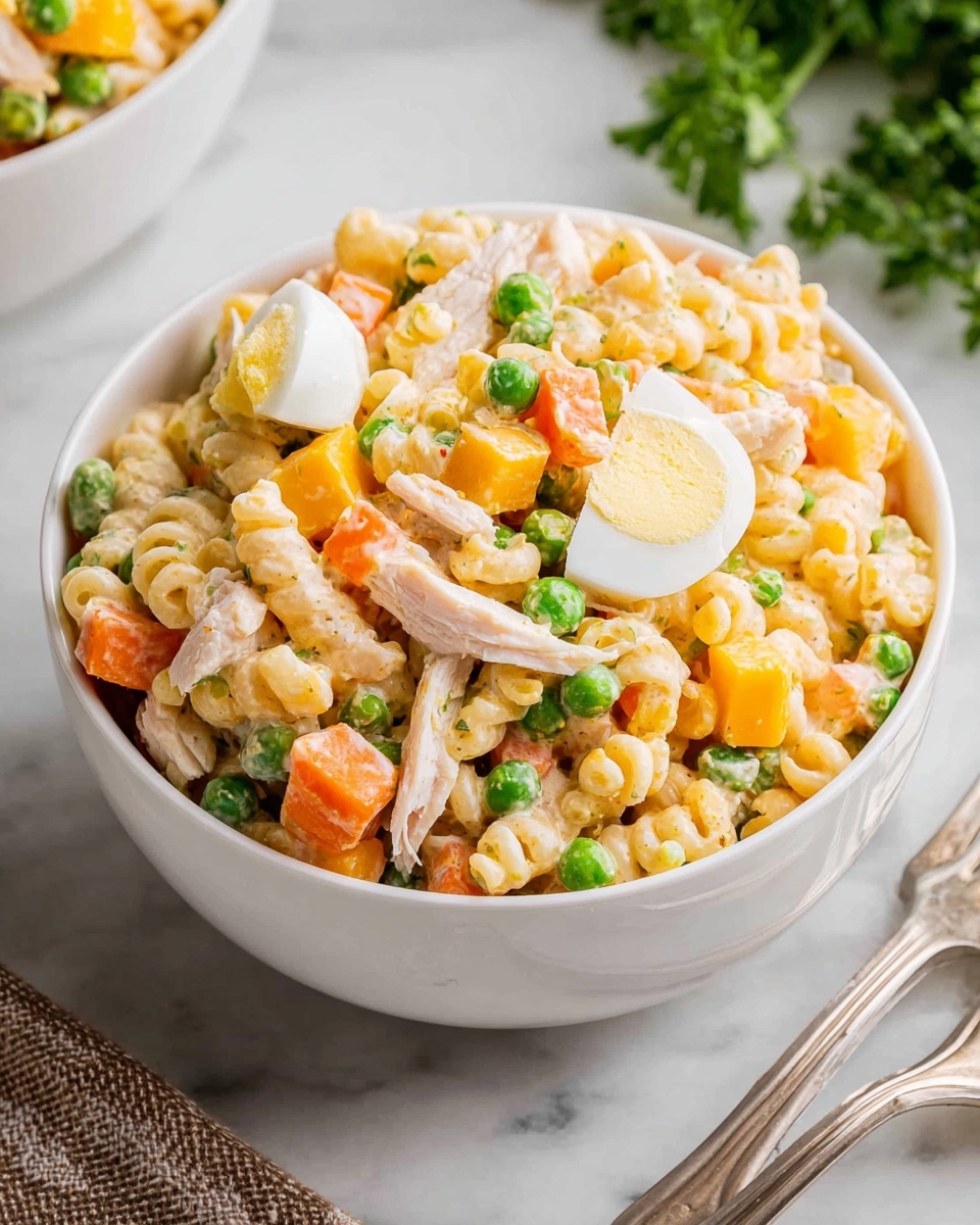 A white bowl filled with a creamy salad made of three main visible layers: small pasta curls in a pale yellow color, mixed with bright orange carrot sticks, green peas, and small cubes of cheddar cheese in a rich orange hue. On top are thin slices of white turkey or chicken, some boiled egg pieces showing a white core with yellow yolks, all coated in a smooth, light-colored dressing. The bowl sits on a white marbled surface with part of a fork and a bit of parsley visible nearby. Photo taken with an iphone --ar 4:5 --v 7