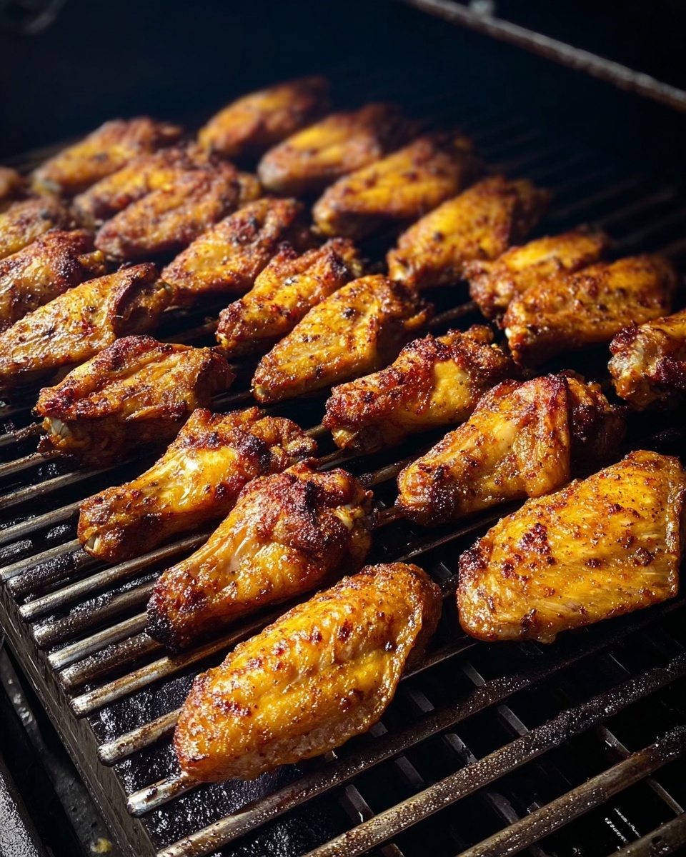 A grill filled with two rows of golden-brown chicken wings arranged diagonally, showing a mix of crispy skin and slightly charred edges, with a textured black metal grill beneath them, all set against a dark background that highlights the warm, rich colors of the cooked wings. photo taken with an iphone --ar 4:5 --v 7