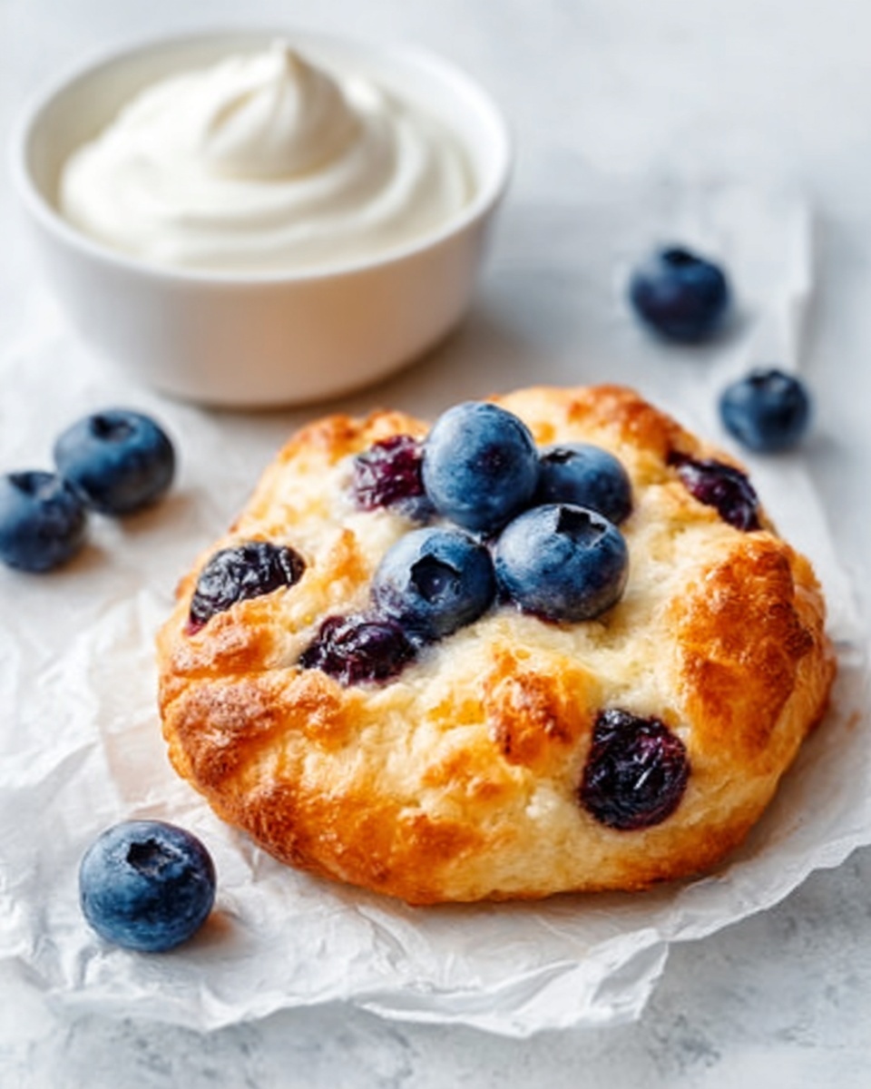 The image shows a small, round, golden-brown pastry on a piece of white parchment paper. The pastry has a rough, flaky texture and is topped with several plump, shiny blueberries that are deep blue and slightly soft. Around the pastry, there are a few loose blueberries scattered on the white marbled surface. In the background, there is a small white bowl filled with thick white cream. The scene is bright and clean, focusing on the fresh and simple look of the dessert. photo taken with an iphone --ar 4:5 --v 7