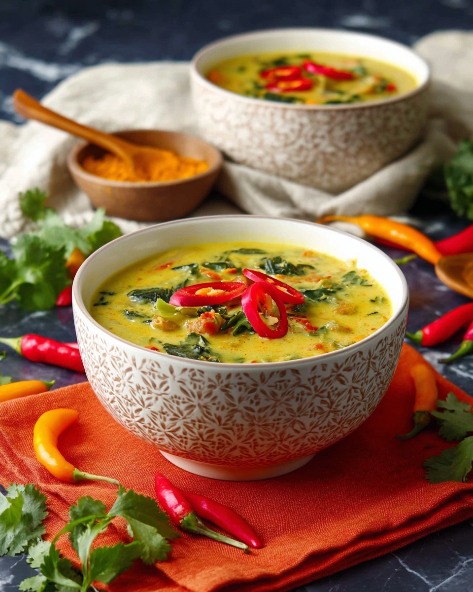Two white bowls with patterned sides hold thick, creamy soup with a yellow-green base. The soup has visible pieces of green leafy vegetables and orange bits inside. On the top of the front bowl, there are bright red and green chili slices arranged in a loose cluster. The bowls are placed on a bright orange cloth, which lies on a dark surface. Around the bowls, there are whole chili peppers in red, orange, and green scattered along with some green cilantro leaves. In the background, the second bowl is resting on a folded light-colored cloth with a small dish of orange powder and a wooden spoon to the side, all placed on a white marbled surface. photo taken with an iphone --ar 4:5 --v 7