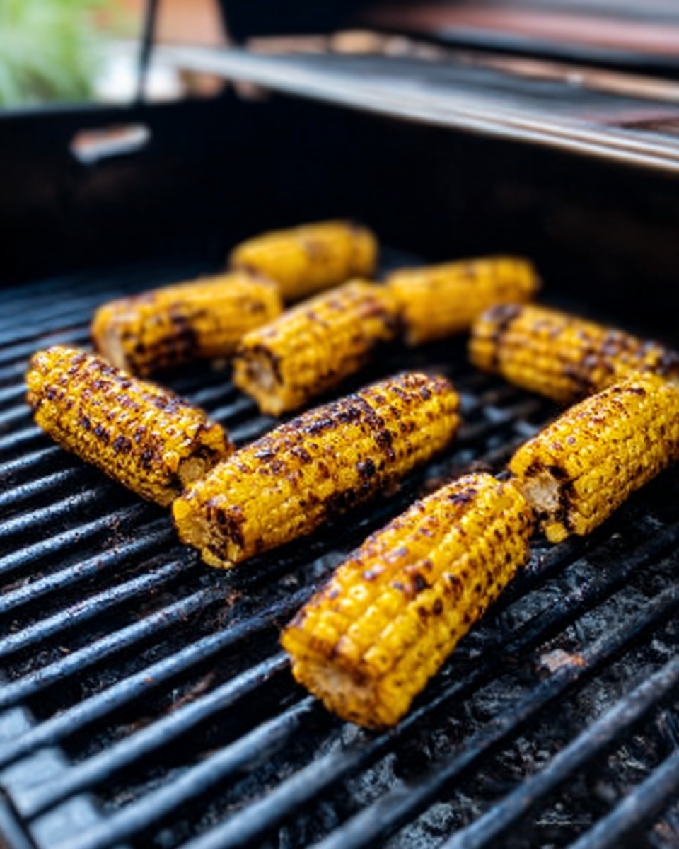 The image shows several pieces of grilled corn on the cob placed on a black grill grate. The corn pieces are arranged in two rows, with a few pieces closer to the top and some near the middle of the grill. Each corn piece has a golden yellow color with dark brown char marks and some blackened spots from grilling. The grill bars are spaced evenly and the background behind the grill has a blurred outdoor setting. photo taken with an iphone --ar 4:5 --v 7