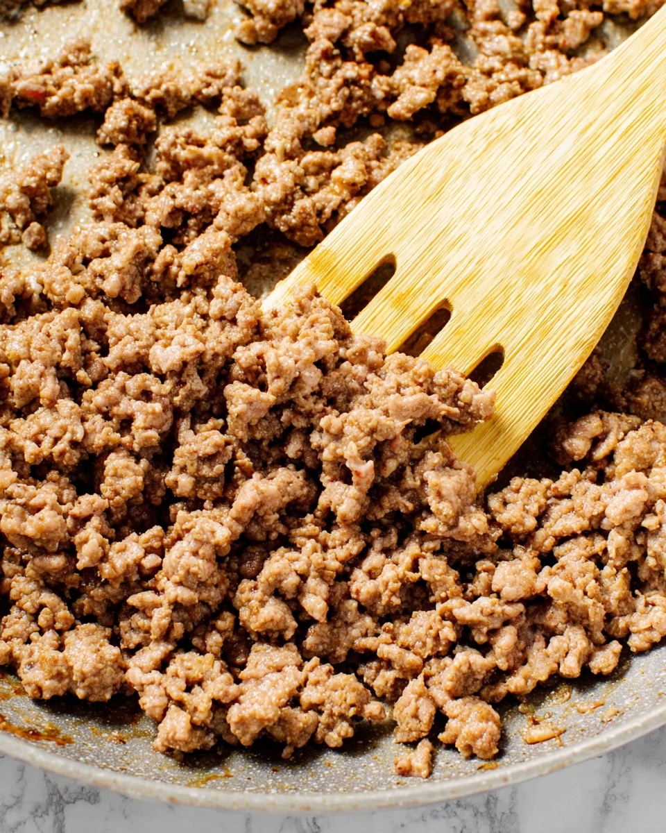 The image shows browned ground meat cooking in a silver pan, with small crumbly chunks of brown and beige meat spread across the pan's surface. A light wooden spatula is stirring the meat from the right side, showing its smooth texture and the crumbly meat pieces sticking to it. The skillet's edge is just visible at the bottom left, and the overall look is juicy and cooked evenly, with a slight sheen from the fat and oils. The background has been changed to a white marbled texture. photo taken with an iphone --ar 4:5 --v 7