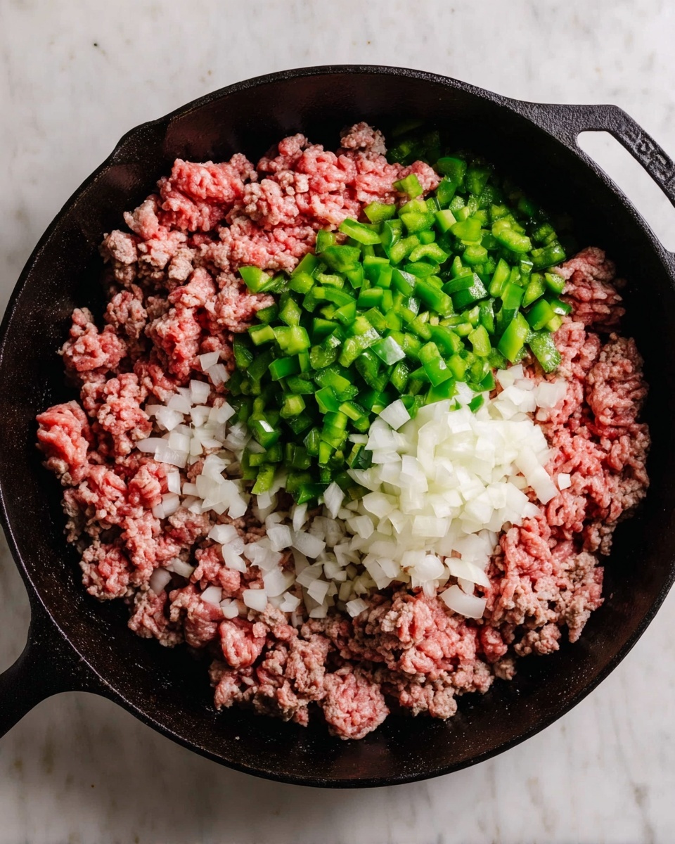 Inside a large black cast iron pan, there are three layers of ingredients. The bottom layer is raw ground meat with a mix of light and dark pink colors spread unevenly across most of the pan. On top of the meat, on the left side, is a pile of small, bright green chopped bell peppers. To the right of the peppers, there is a stack of finely diced white onions. The pan is resting on a white marbled surface. photo taken with an iphone --ar 4:5 --v 7