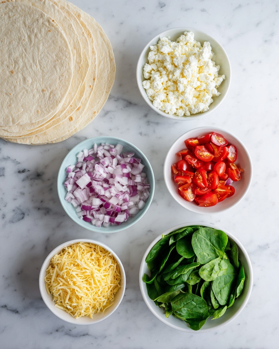 There are five small white bowls arranged in a loose cluster on a white marbled surface, each bowl holding a different ingredient. The first bowl contains finely chopped red onions in light purple and white shades. The second bowl is filled with crumbled white cheese, soft in texture. The third bowl holds small, bright red cherry tomato pieces. The fourth bowl has shredded yellow cheese with a fine texture. The fifth bowl contains fresh, dark green spinach leaves that appear crisp. To the left side of the bowls, there are three stacked white soft tortillas partially visible. photo taken with an iphone --ar 4:5 --v 7