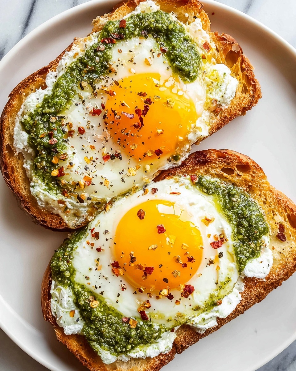 The image shows two slices of toasted bread on a white plate with a white marbled surface underneath. Each toast has three layers: the bottom layer is a thick spread of white creamy cheese covering the entire slice, the middle layer is a green pesto sauce applied unevenly over the cheese, and the top layer is a sunny-side-up egg with a bright yellow yolk and white cooked egg whites. The eggs are sprinkled with black pepper and red chili flakes, adding texture and color contrast. The bread edges are golden brown and crispy. photo taken with an iphone --ar 4:5 --v 7