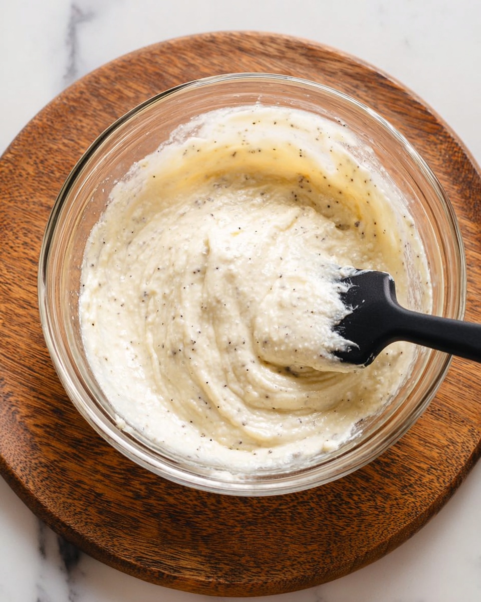 A clear glass bowl filled with a thick, creamy mixture that is off-white with small black specks throughout, being stirred by a black spatula. The bowl is placed on a round wooden board, all set on a white marbled surface. The texture of the mixture looks smooth and slightly lumpy, showing some movement where the spatula has swirled it. Photo taken with an iphone --ar 4:5 --v 7