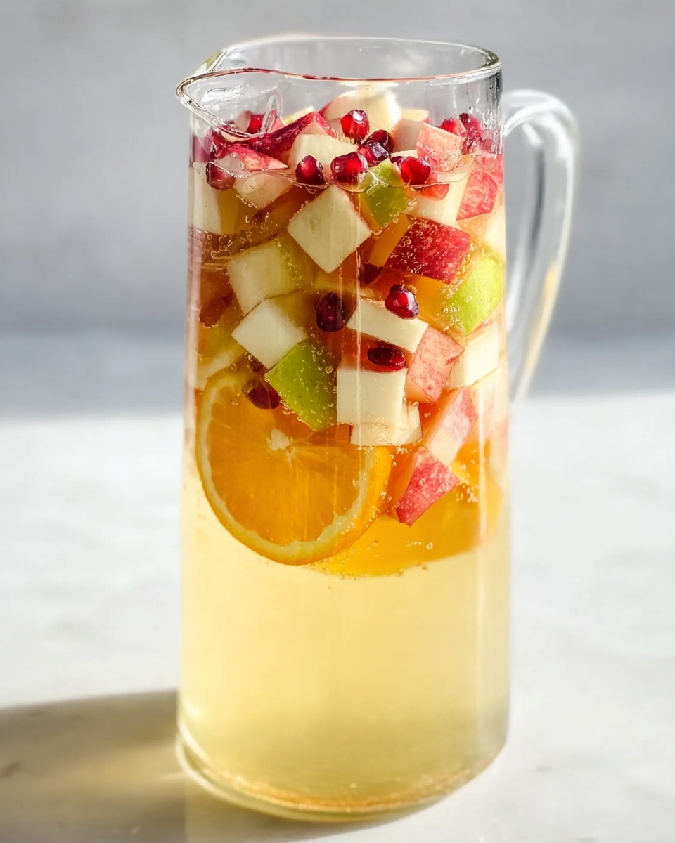 A tall clear glass pitcher filled with a light yellow liquid. Inside, there are three visible layers of fruit: at the bottom, a thick slice of bright orange; above it, a mix of diced apples with red and green skins, some with white flesh visible; on top, small bright red pomegranate seeds scattered evenly. The pitcher is set on a white marbled surface. The scene is bright and fresh, with light shining through the pitcher, making the drink look cool and inviting. photo taken with an iphone --ar 4:5 --v 7