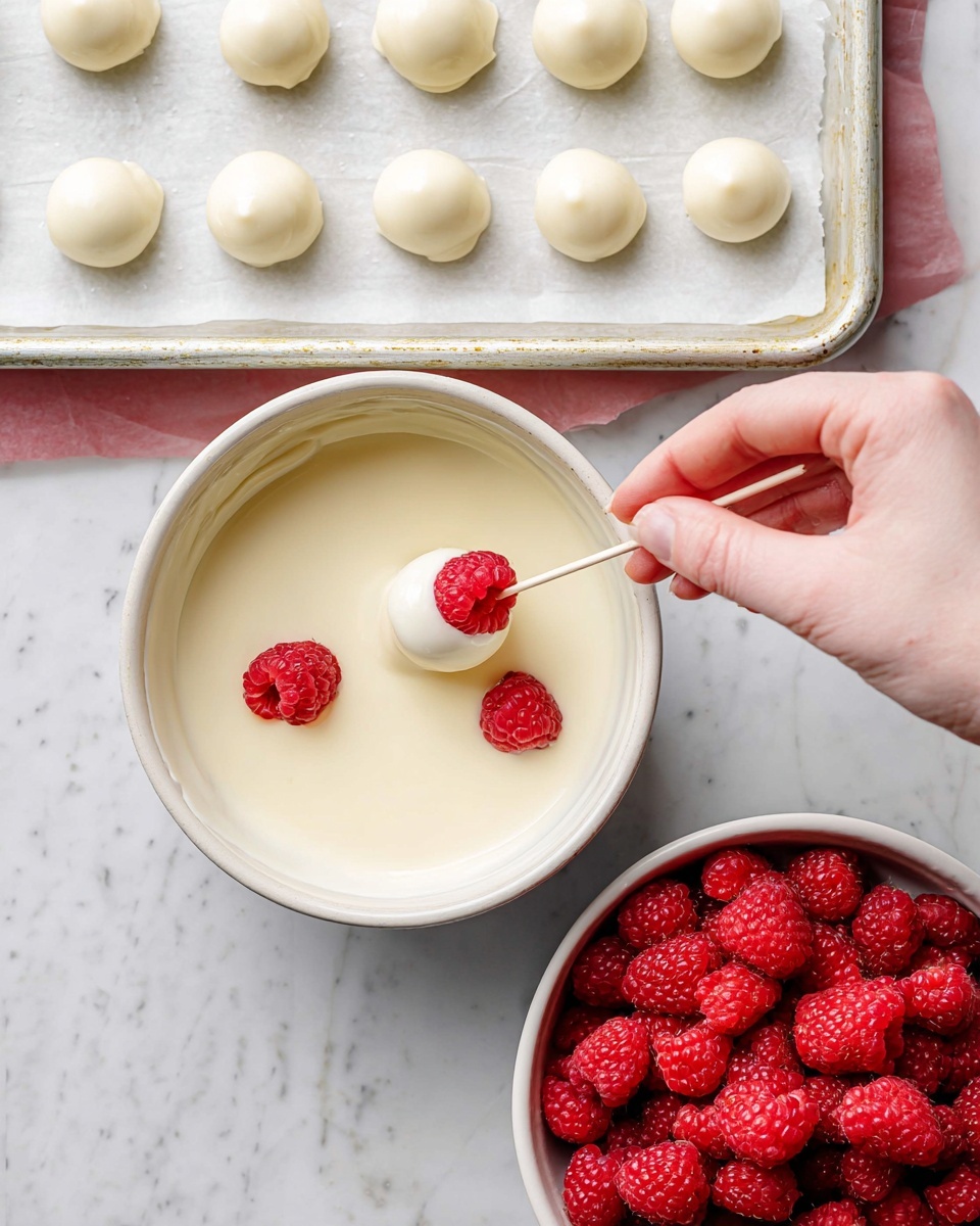 The image shows a white bowl filled with smooth, creamy white chocolate sauce, with two red raspberries floating on top. A woman's hand is dipping a skewer holding a white chocolate-coated raspberry into this bowl. Above the bowl, a baking tray lined with white parchment paper displays several round white chocolate-covered raspberries, neatly spaced. Below, a white bowl is filled with fresh bright red raspberries. All items rest on a white marbled surface. photo taken with an iphone --ar 4:5 --v 7