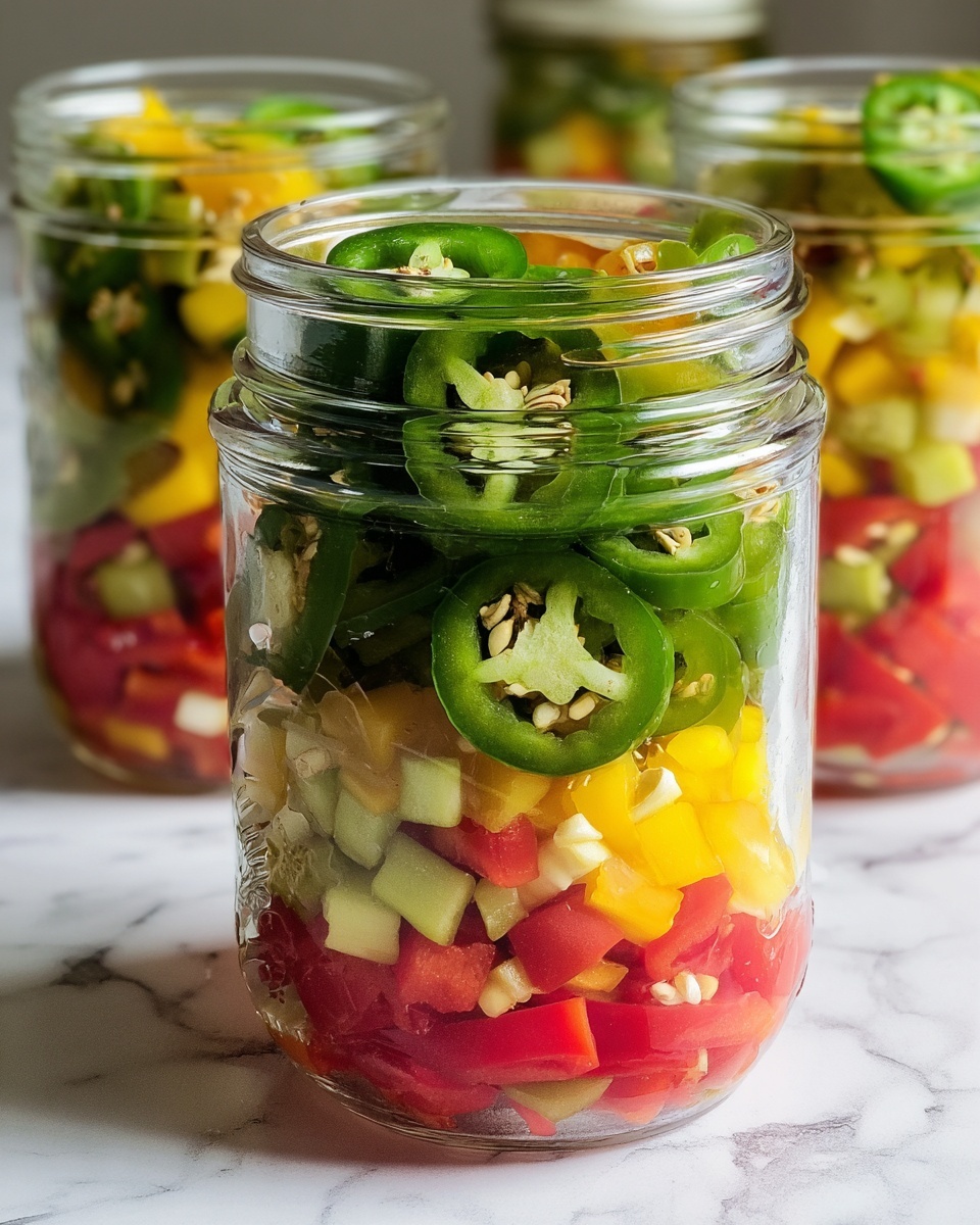 The image shows a clear glass jar filled with three layers of chopped peppers. The bottom layer is made up of red peppers with smooth texture, the middle layer shows small yellow peppers cut into pieces, and the top layer features sliced green jalapeño peppers with seeds clearly visible. The jar is placed on a white marbled surface, and another similar jar is slightly visible in the background. Photo taken with an iphone --ar 4:5 --v 7