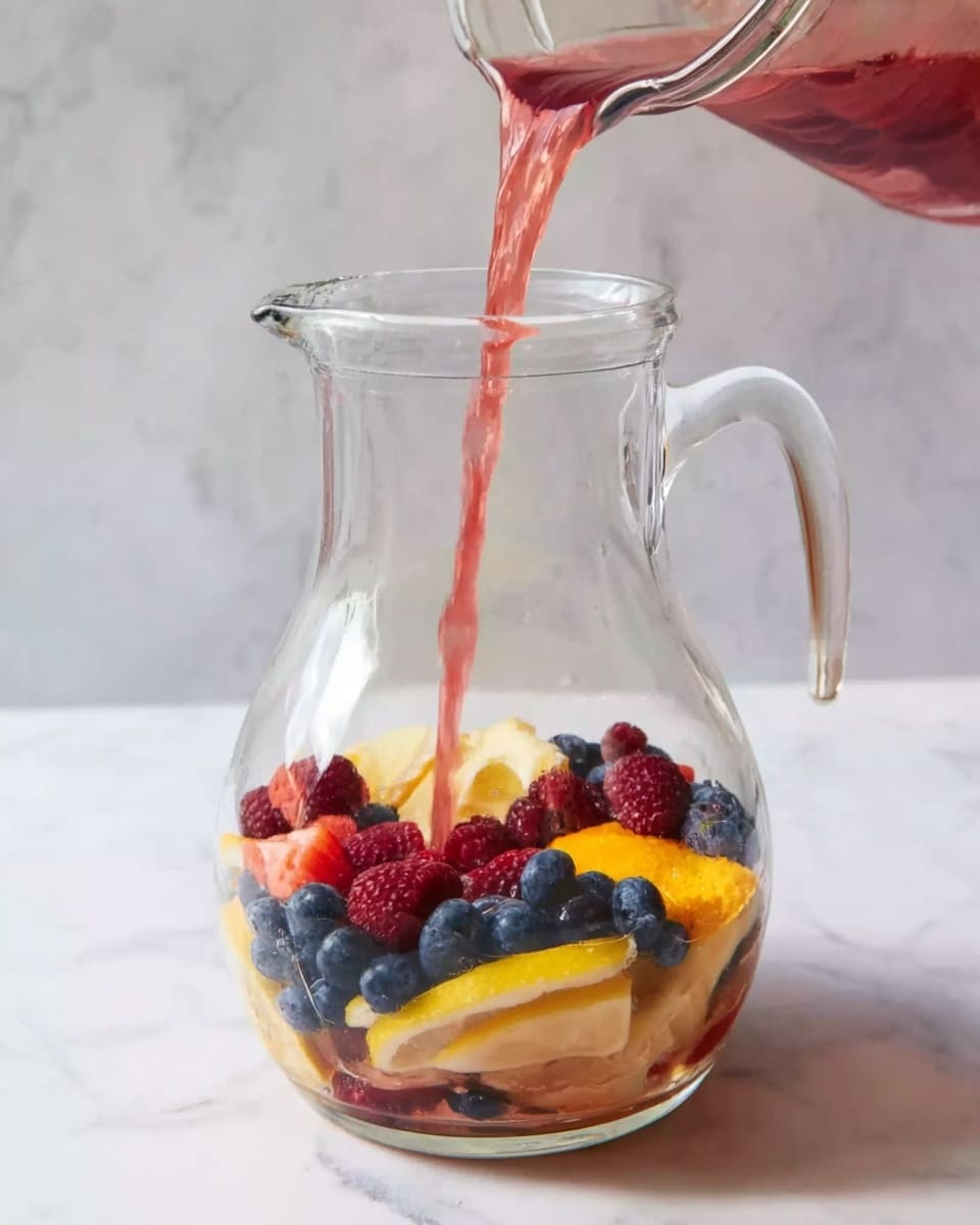 A clear glass pitcher sits on a white marbled surface, filled halfway with a mix of colorful fruits and a pink liquid being poured from above by a woman's hand. Inside the pitcher, at the bottom, there are fresh blueberries, small raspberries, and lemon slices arranged loosely, showing vibrant purple, red, and bright yellow colors. The pink liquid flows smoothly down into the pitcher, slightly mixing with the fruits. The image focuses on the action of pouring and the fresh, bright colors of the fruit inside the transparent pitcher. Photo taken with an iphone --ar 4:5 --v 7