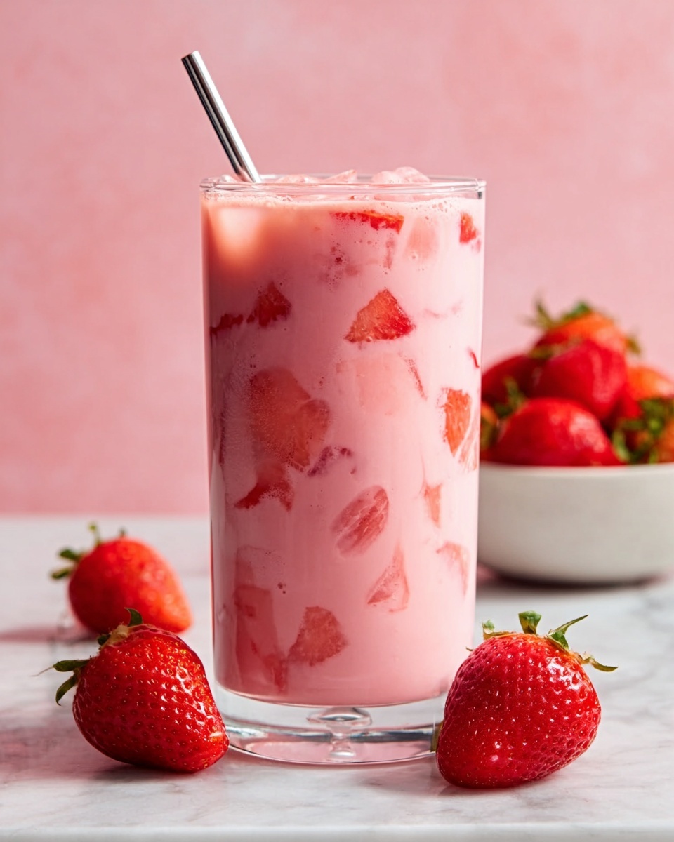 A tall glass filled with a pink creamy drink with pieces of strawberries floating inside. The drink shows a smooth texture with a few chunks of bright red strawberries visible throughout. A metal spoon sticks out from the top of the glass, standing vertically. Around the glass, there are three fresh whole strawberries placed on a white marbled surface, along with a white bowl filled with more strawberries in the background. The background is a soft pink color, making the pink drink and red strawberries stand out. Photo taken with an iphone --ar 4:5 --v 7