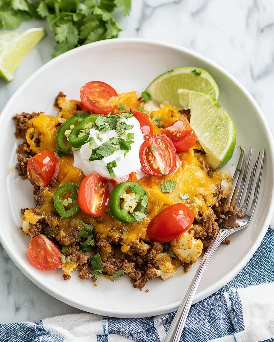 A white plate holds a layered dish starting with a base of cooked cauliflower pieces mixed with browned ground meat, covered with melted yellow cheddar cheese. On top, there are halved bright red cherry tomatoes, green slices of jalapeño, and small bits of chopped fresh cilantro. In the center sits a dollop of white sour cream with a small green herb. On the side of the plate, two lime wedges lean against the layered food, and a silver fork rests on the edge of the plate. The scene is set on a white marbled surface with a blue and white striped cloth nearby. photo taken with an iphone --ar 4:5 --v 7