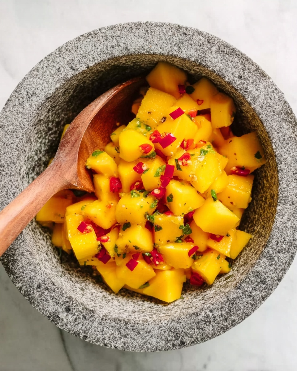 A round stone bowl filled with bright yellow mango cubes mixed with small pieces of red chili and tiny green herbs scattered on top, creating a colorful contrast. A wooden spoon rests inside the bowl, leaning diagonally from the bottom left toward the center. The bowl sits on a white marbled texture surface. Photo taken with an iphone --ar 4:5 --v 7