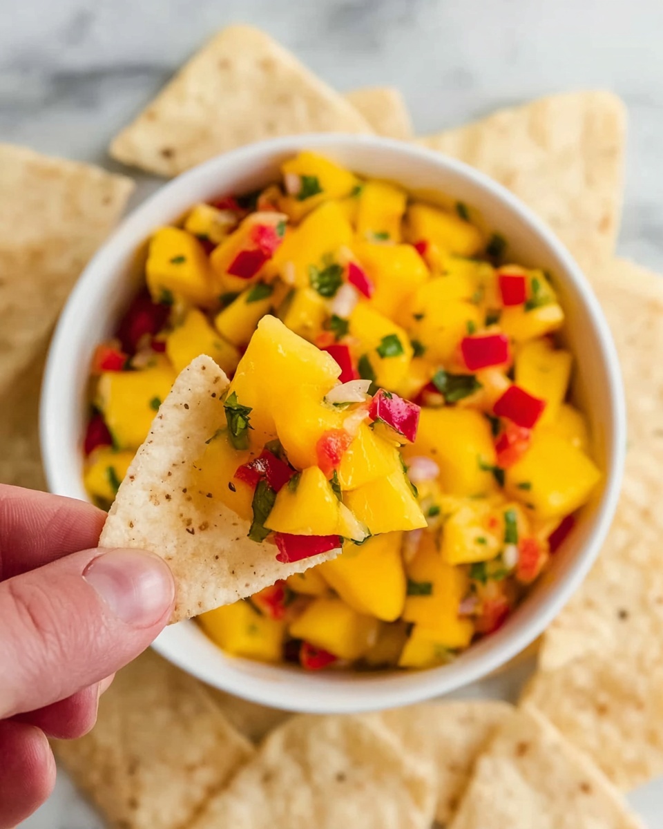 A close-up image of a white bowl filled with bright yellow mango chunks mixed with small red bell pepper pieces and green herb bits, sitting on a white marbled surface. In the foreground, a woman’s hand holds a single triangular white chip topped with the colorful mango salsa, showing the mix of yellow mango, red pepper, and green herbs clearly. Around the bowl, more white chips are scattered, creating a casual snack scene. photo taken with an iphone --ar 4:5 --v 7
