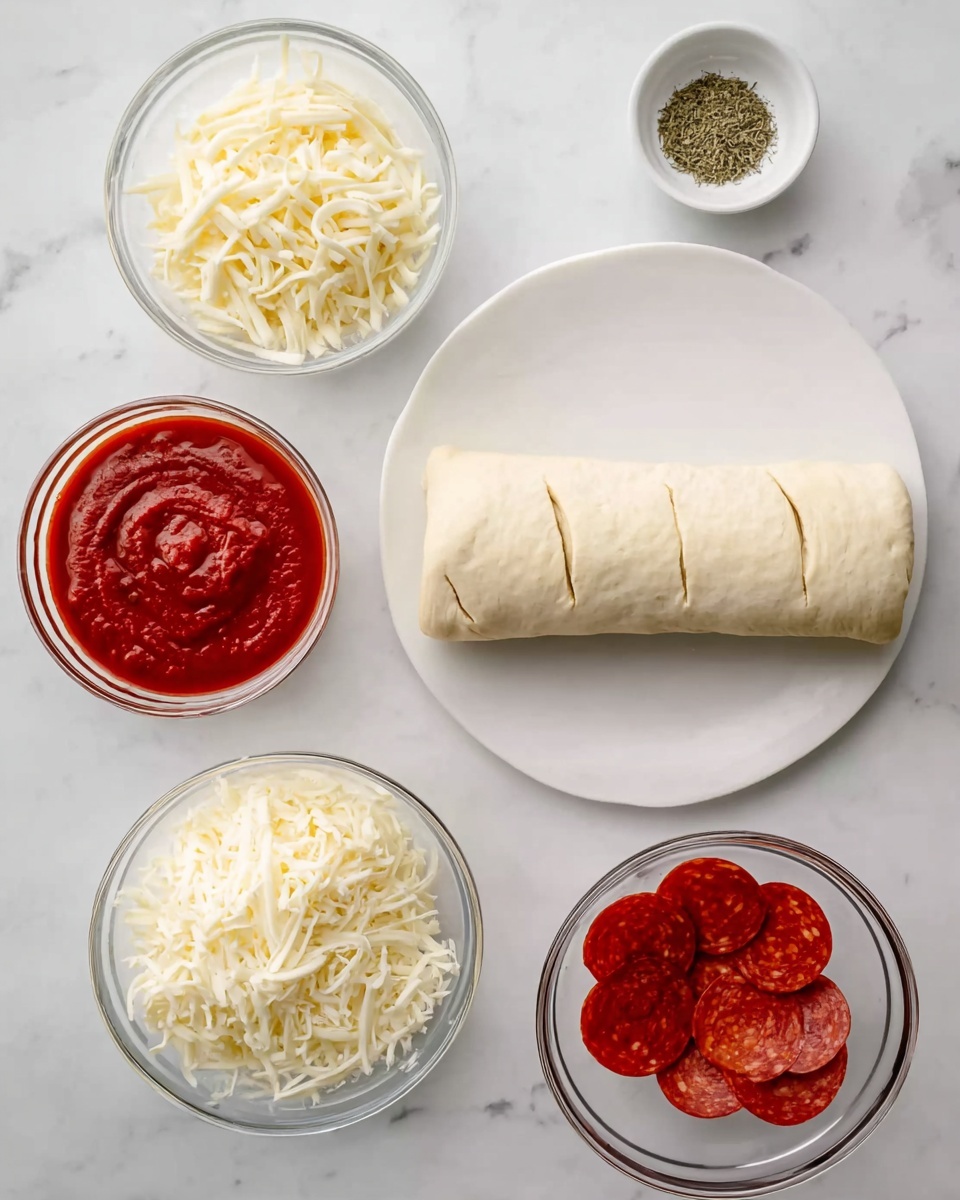 The image shows six items arranged on a white marbled surface: in the center is a white plate holding a long, folded dough roll with a smooth light beige color and some visible seam lines. Above it, there is a small white bowl with dried herbs. To the left of the dough roll, two clear glass bowls are filled with shredded cheese; the top bowl has longer, white shredded pieces and the bottom bowl has finer, grated white cheese. Below the dough roll to the left is a small white bowl filled with bright red tomato sauce with a smooth texture. Finally, to the right of the sauce, there is a clear glass bowl holding several round slices of bright red pepperoni layered loosely. photo taken with an iphone --ar 4:5 --v 7