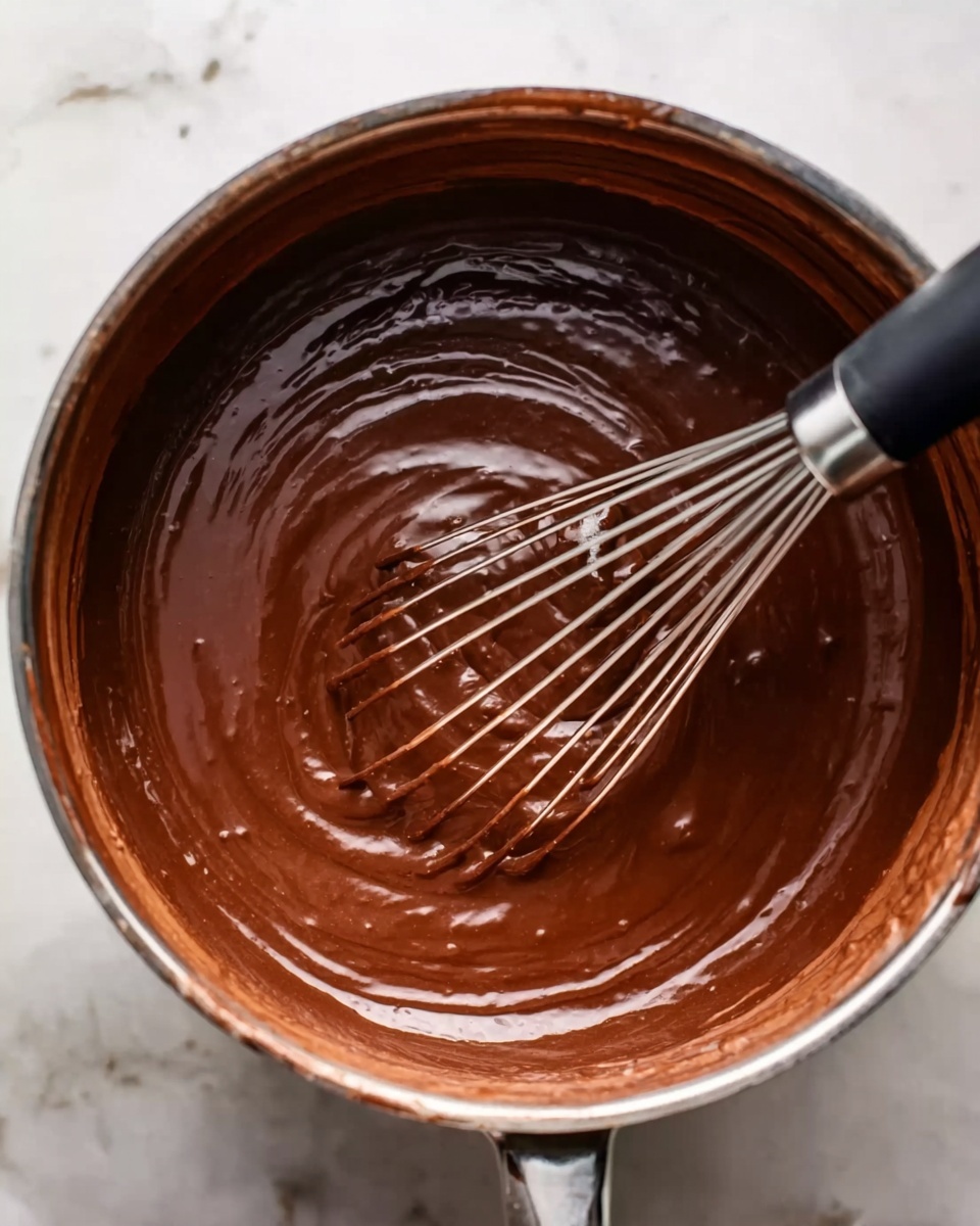A close-up view of a stainless steel pot filled with smooth, thick chocolate batter. The batter is a rich, dark brown color with a shiny, creamy texture. A silver whisk with a black handle is partly dipped in the chocolate mix, with the wires coated in the batter. The pot sits on a white marbled surface, showing some light reflections on the shiny metal, giving a clean and neat look. The image shows the process of mixing and making chocolate batter. photo taken with an iphone --ar 4:5 --v 7